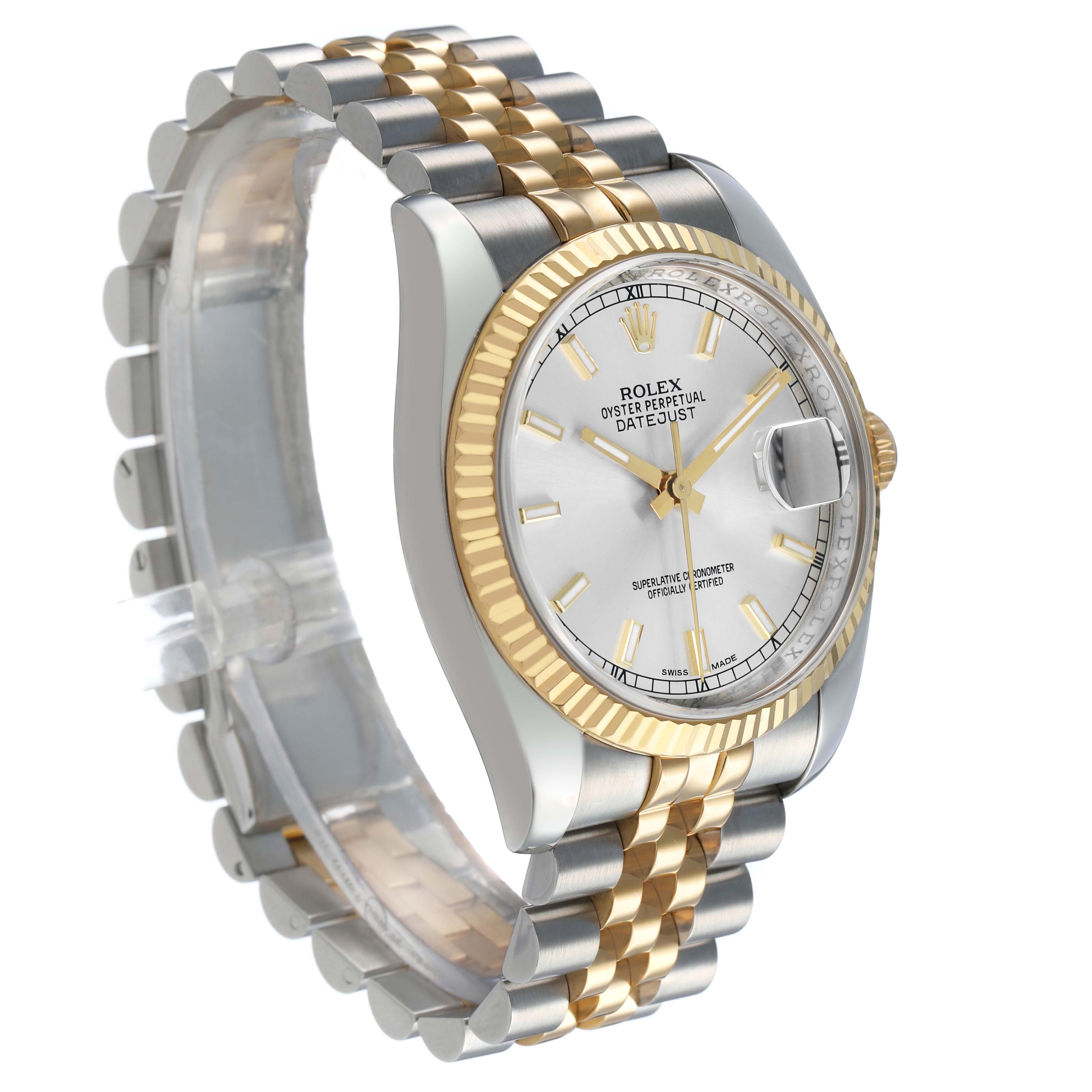 The Rolex Datejust 116233 Men's Stainless Steel Silver Dial watch is shown at a three-quarter angle, highlighting the face, bezel, and two-tone bracelet.