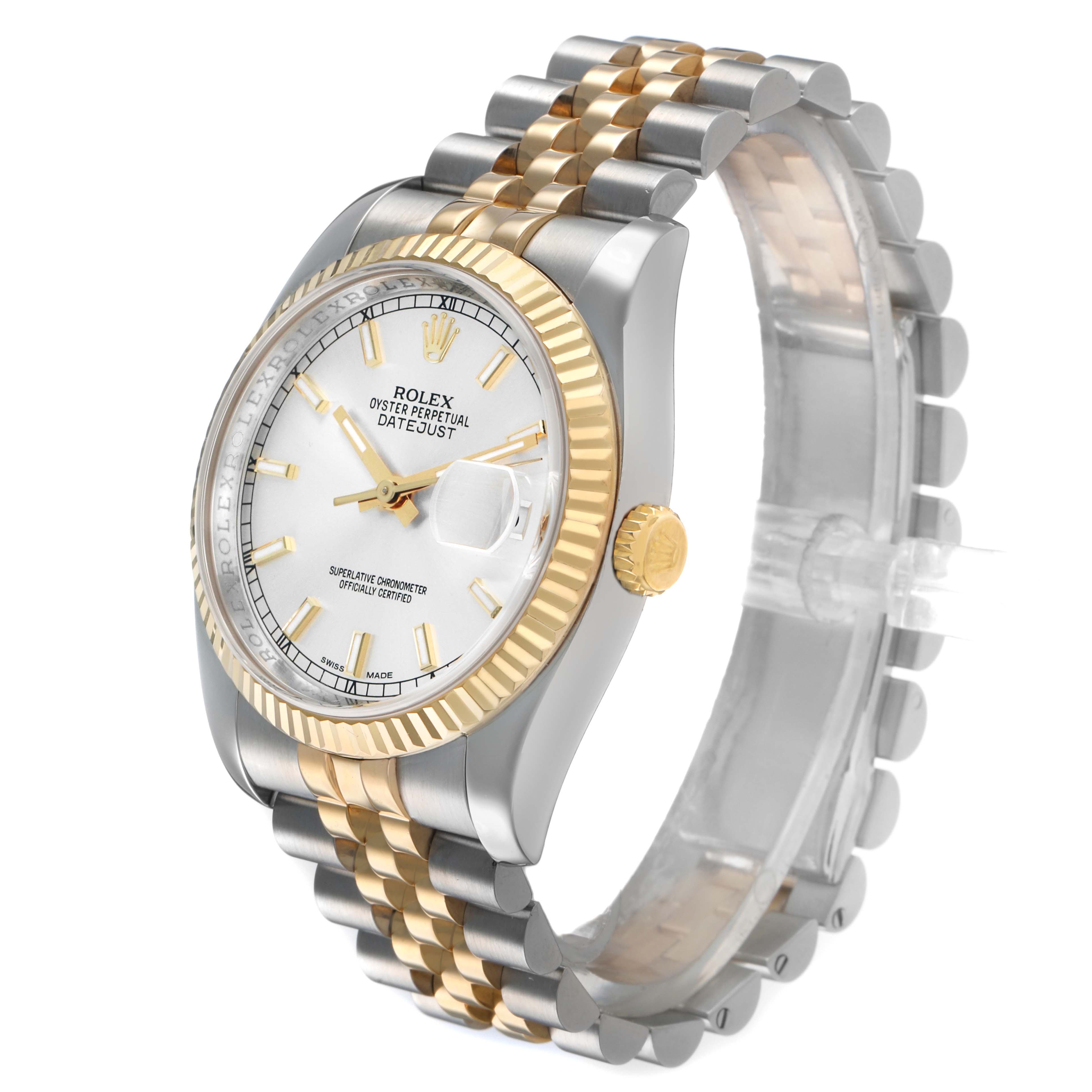 The Rolex Datejust 116233 Men's Stainless Steel Silver Dial watch is shown at an angled side view, revealing its dial, bezel, crown, and link bracelet.