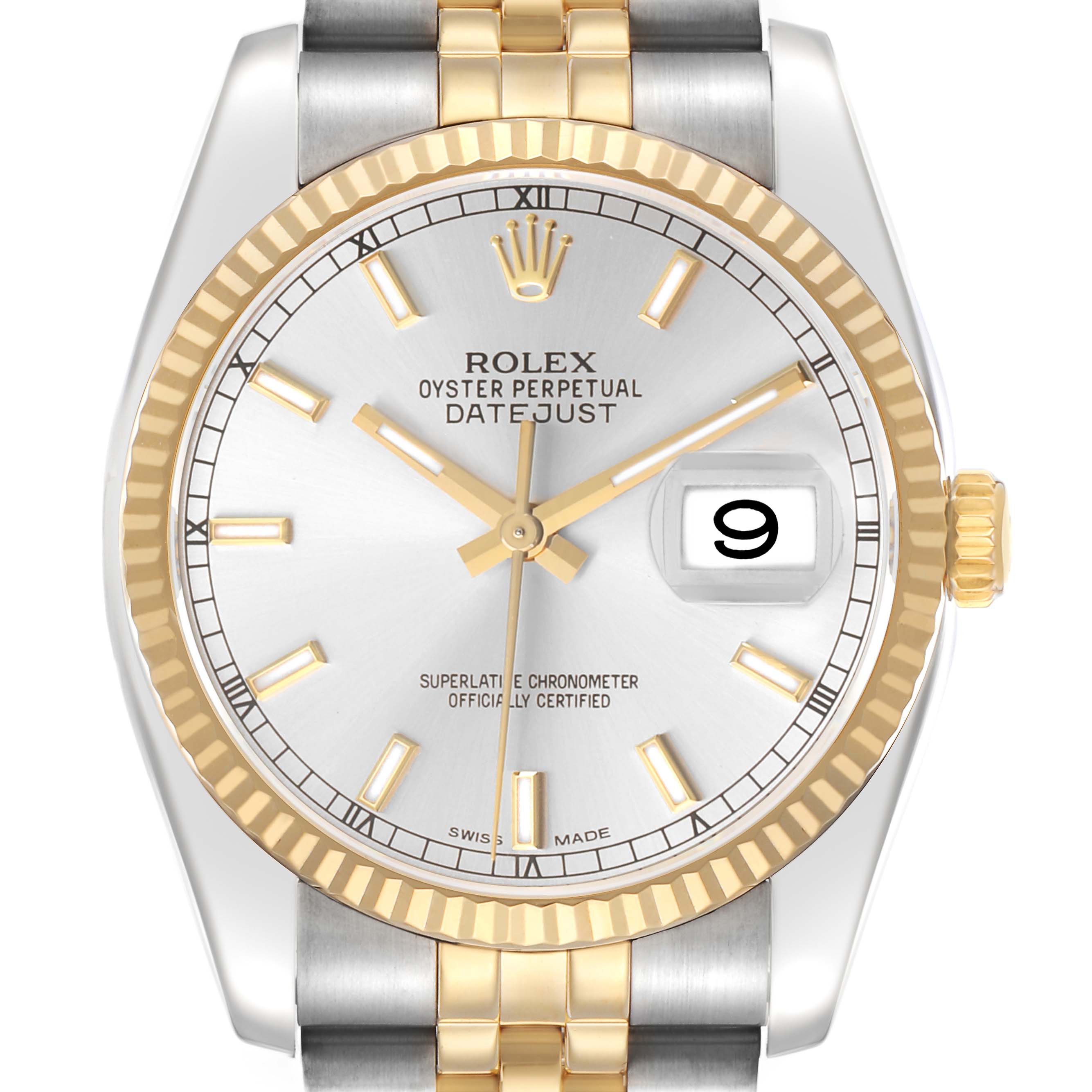 The Rolex Datejust 116233 Men's Stainless Steel Silver Dial watch is shown from the front, highlighting its dial, bezel, crown, and part of the two-tone bracelet.