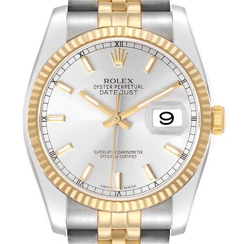The Rolex Datejust 116233 Men's Stainless Steel Silver Dial watch is shown from the front, displaying the dial, bezel, and part of the bracelet.