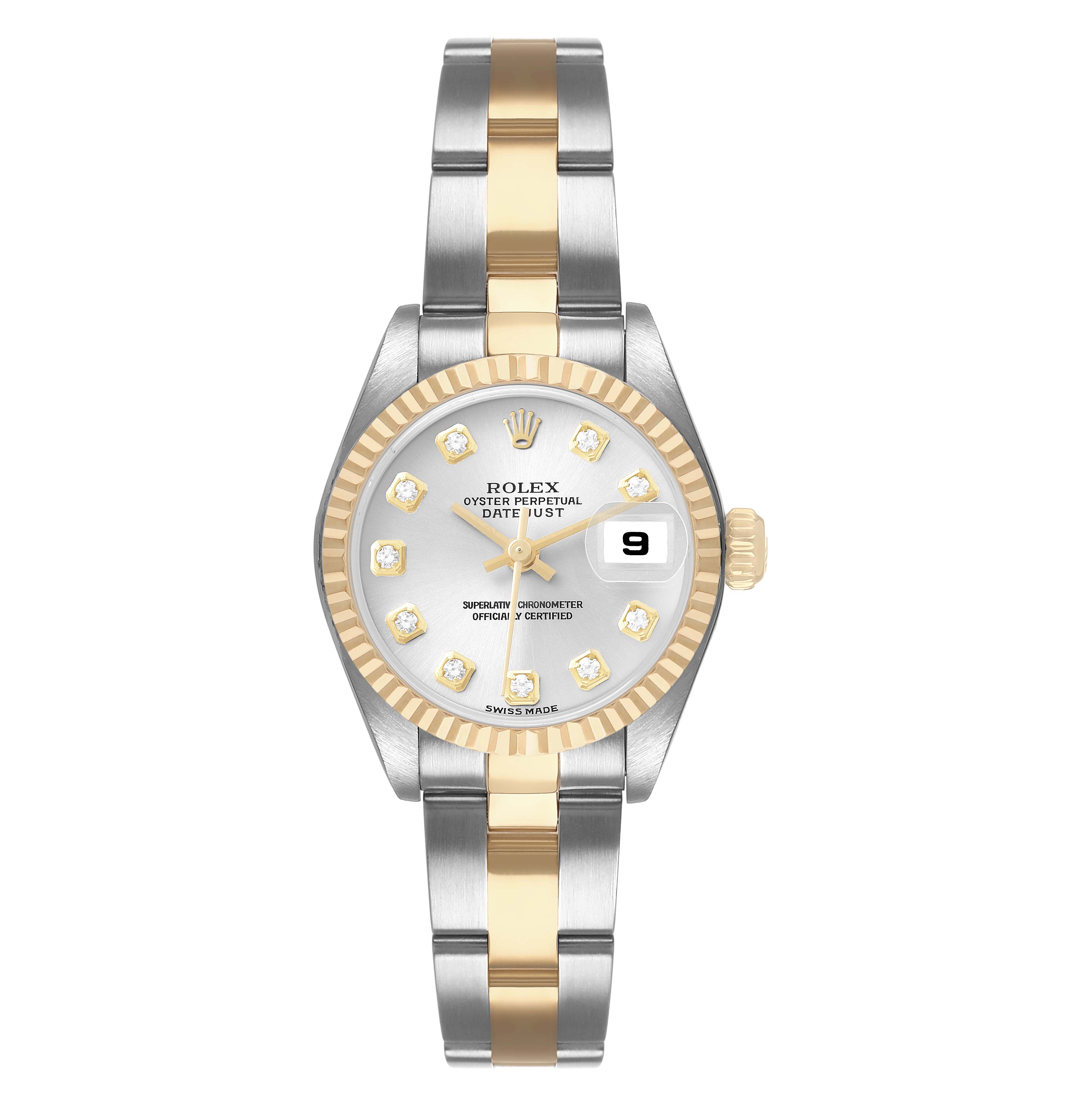 The Rolex Datejust 79173 Women's Steel and Gold (two tone) Silver Dial watch is shown from a top view, highlighting the dial, bezel, bracelet, and date window.
