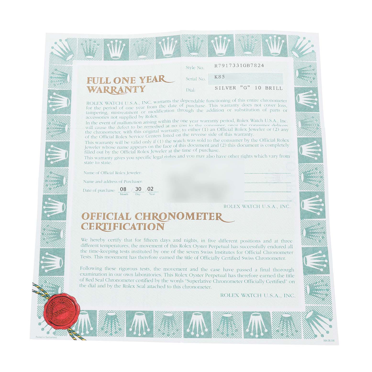 The image shows the warranty and chronometer certification paperwork for a Rolex Datejust 79173 Women's Steel and Gold (two tone) Silver Dial watch.