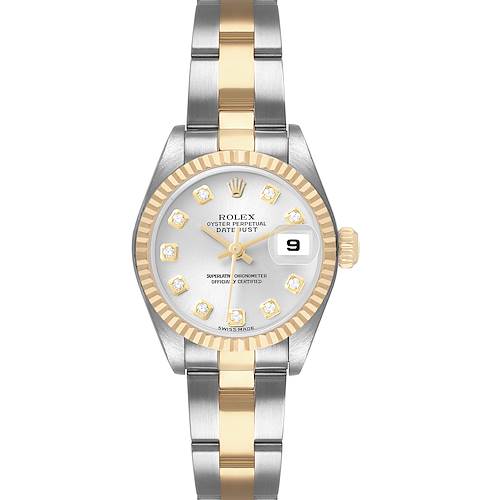 The Rolex Datejust 79173 Women's Steel and Gold (two tone) Silver Dial watch is shown from the front, displaying the bezel, dial, and two-tone bracelet.