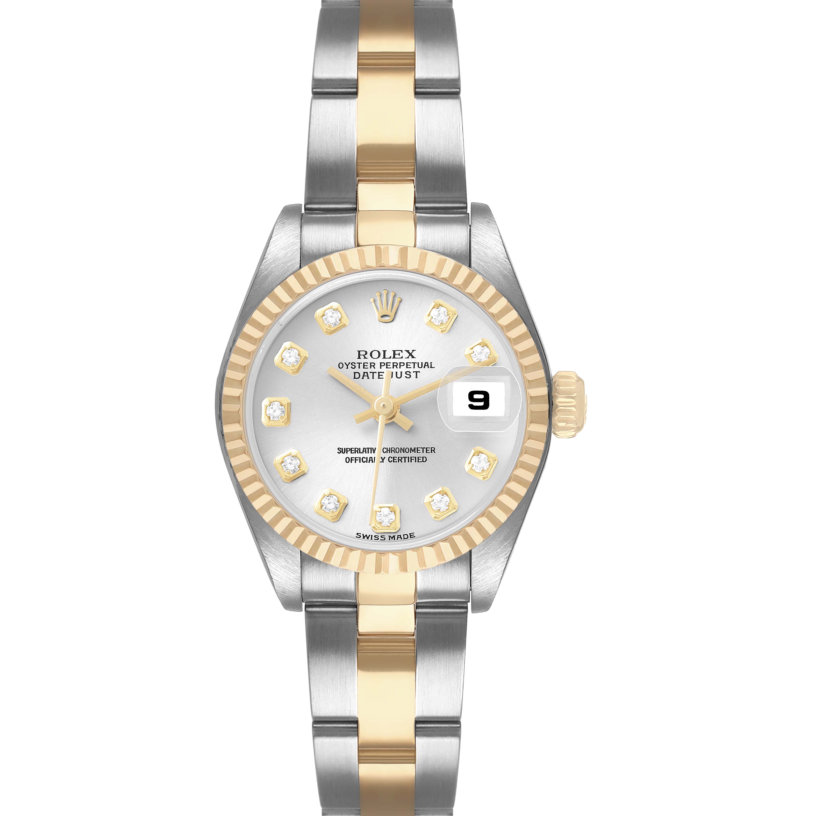 The Rolex Datejust 79173 Women's Steel and Gold (two tone) Silver Dial watch is shown from the front, displaying the dial, bezel, hands, date window, and a two-tone bracelet.