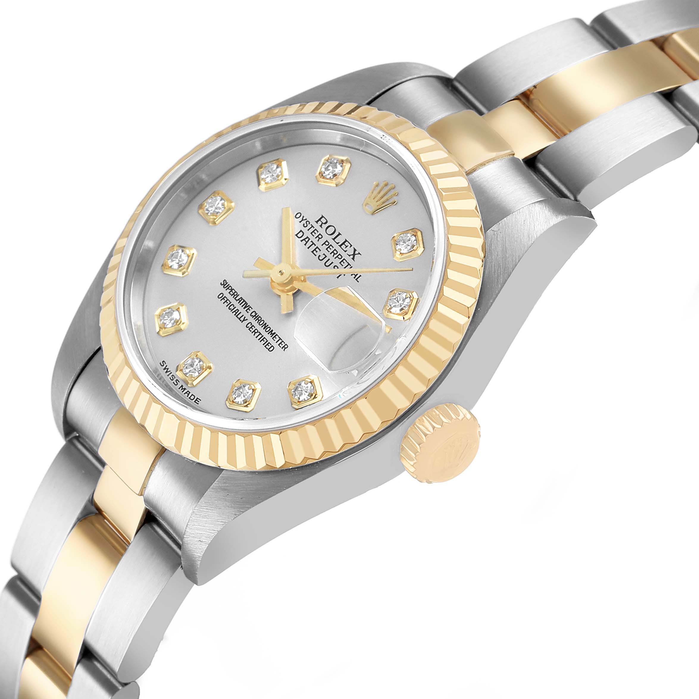 The Rolex Datejust 79173 Women's Steel and Gold (two tone) Silver Dial watch is shown at an angled side view, highlighting the dial, case, bracelet, and crown.