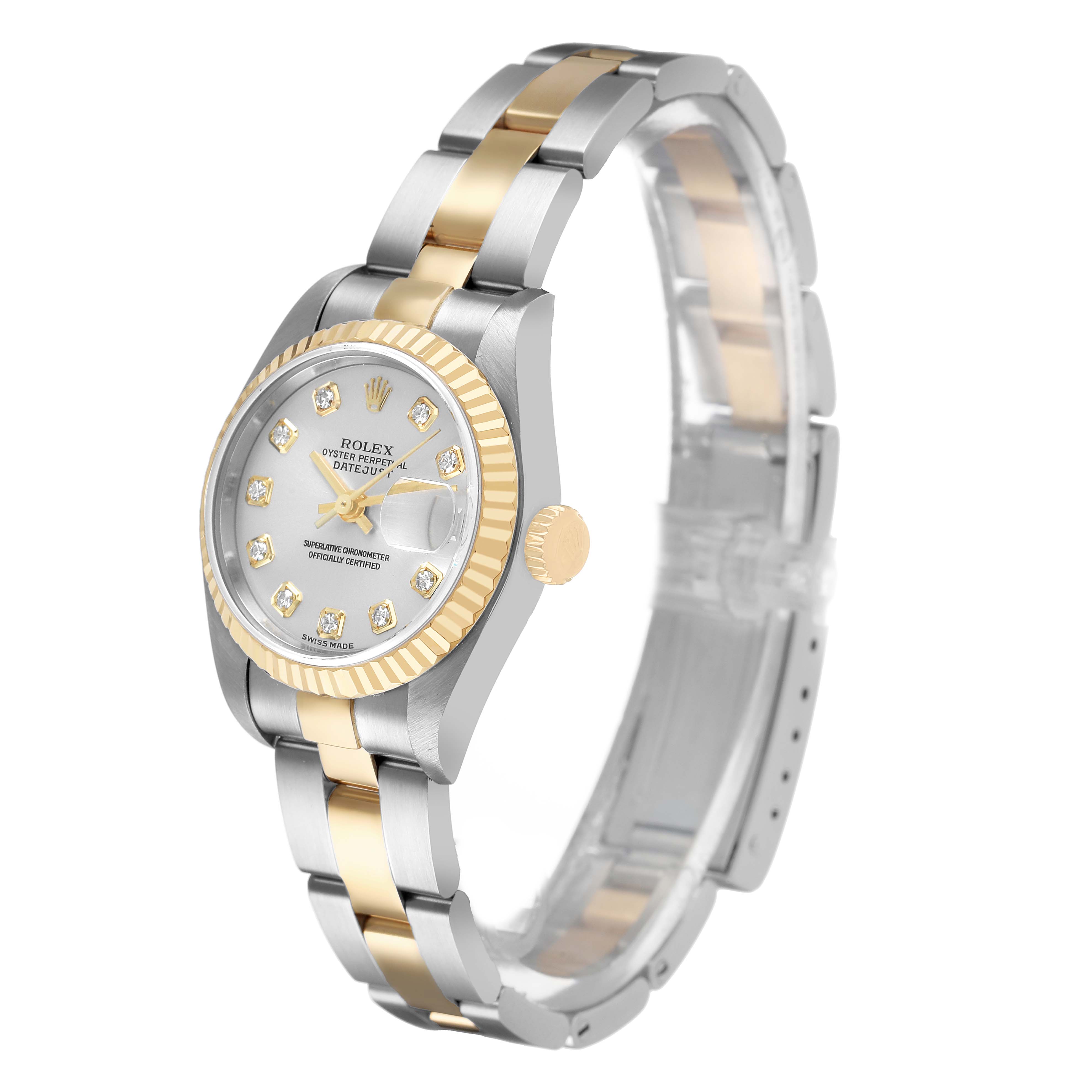 The Rolex Datejust 79173 Women's Steel and Gold (two tone) Silver Dial is shown at an angled side view highlighting the dial, bezel, and bracelet.