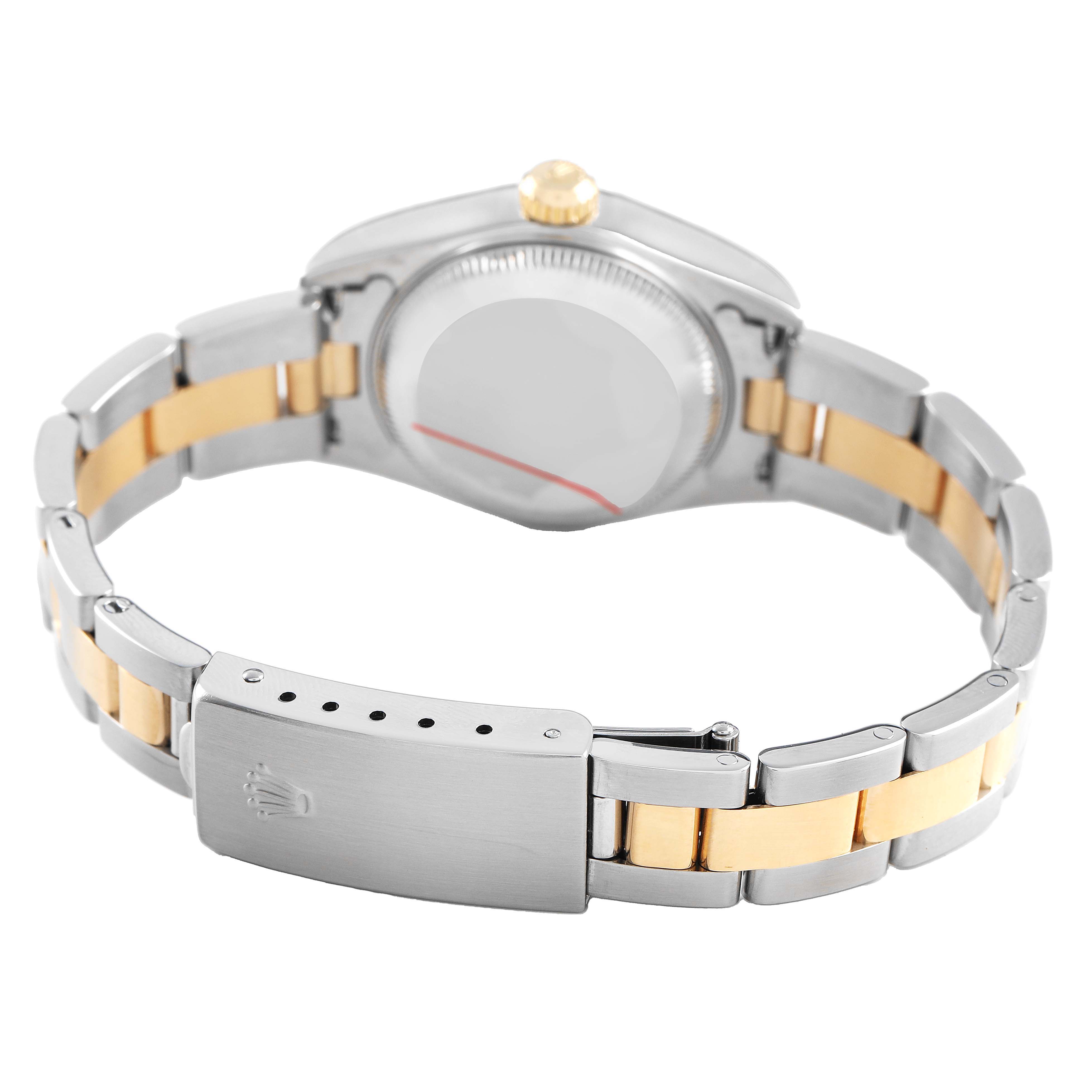 The image shows the back angle of a Rolex Datejust 79173 Women's Steel and Gold (two tone) Silver Dial, highlighting the clasp, bracelet, and case back.