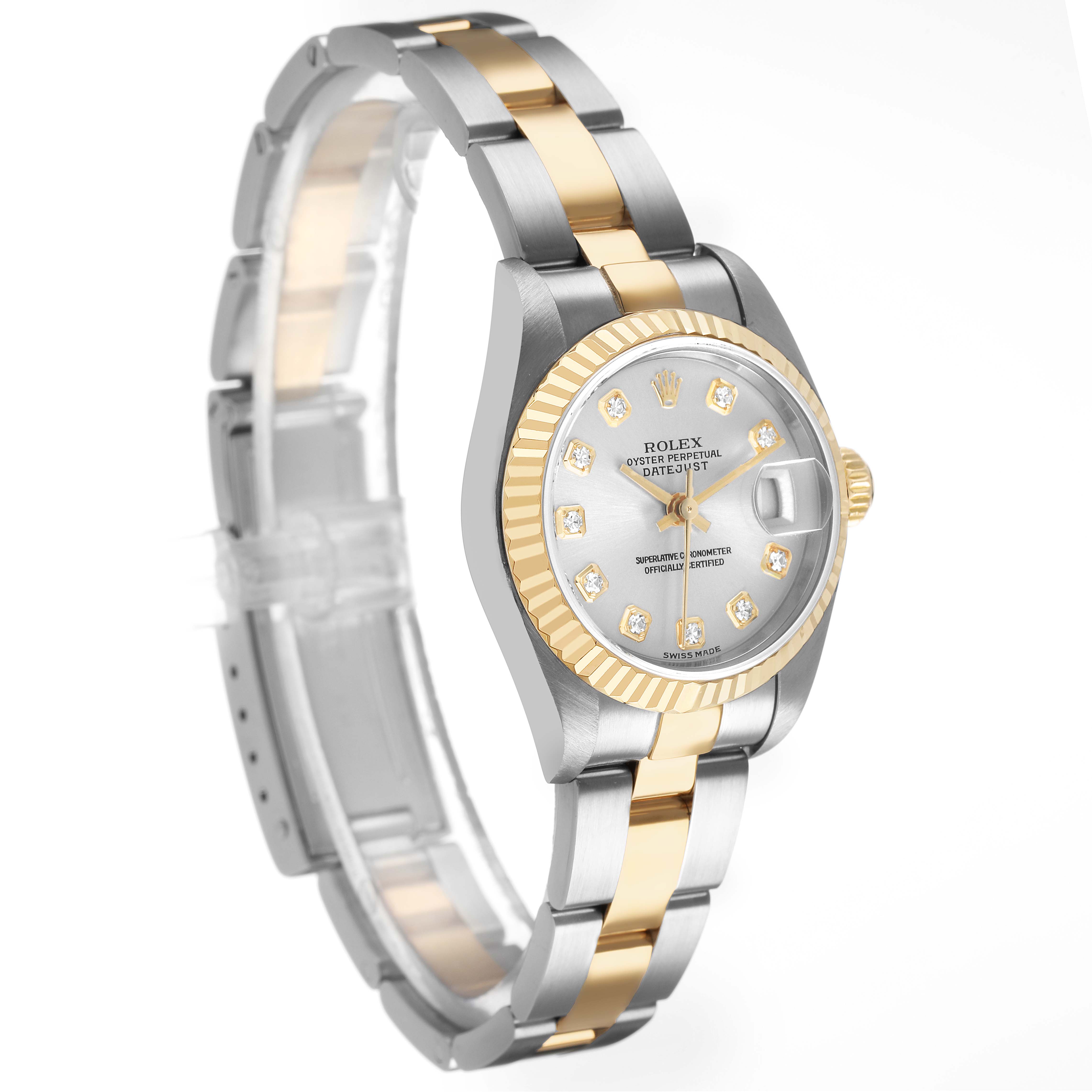 This Rolex Datejust 79173 Women's Steel and Gold (two tone) Silver Dial watch is shown at a three-quarter angle highlighting the face, bracelet, and fluted bezel.