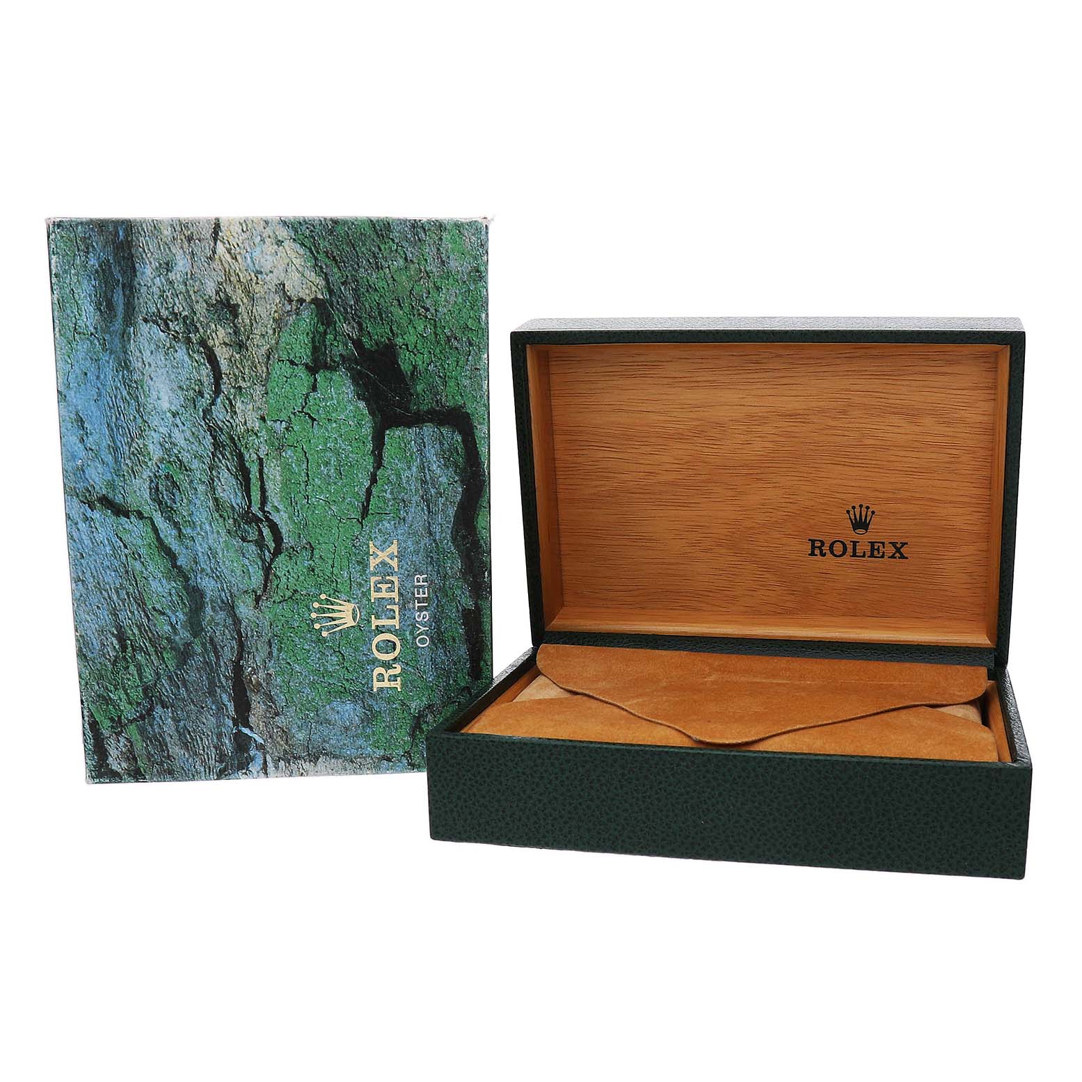 The image shows an open Rolex Datejust 16233 Men's Steel and Gold (two tone) Silver Dial box, with a textured outer box featuring a green and blue pattern.