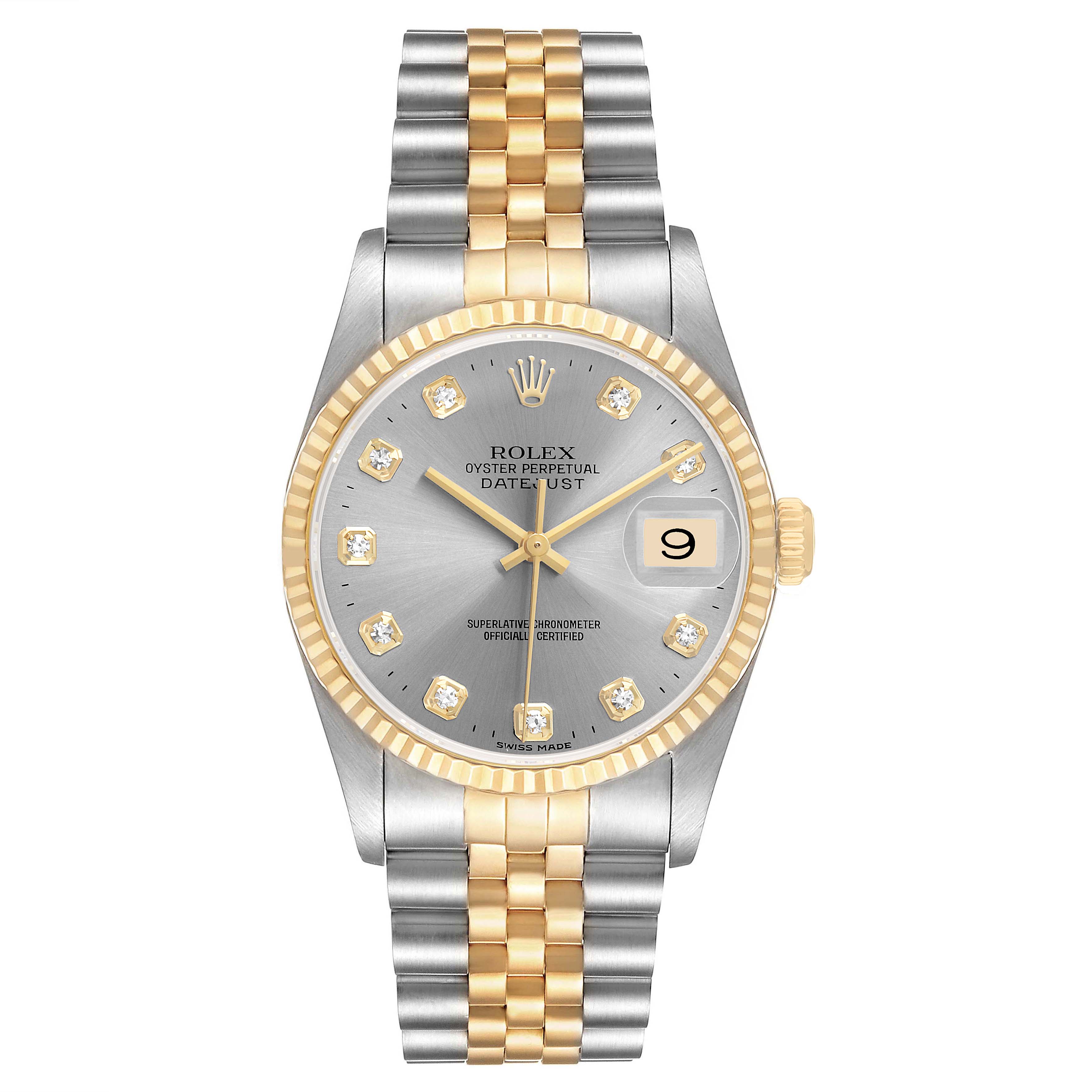 The Rolex Datejust 16233 Men's Steel and Gold (two tone) Silver Dial watch is shown from a top-down angle, displaying its dial, bezel, and two-tone bracelet.