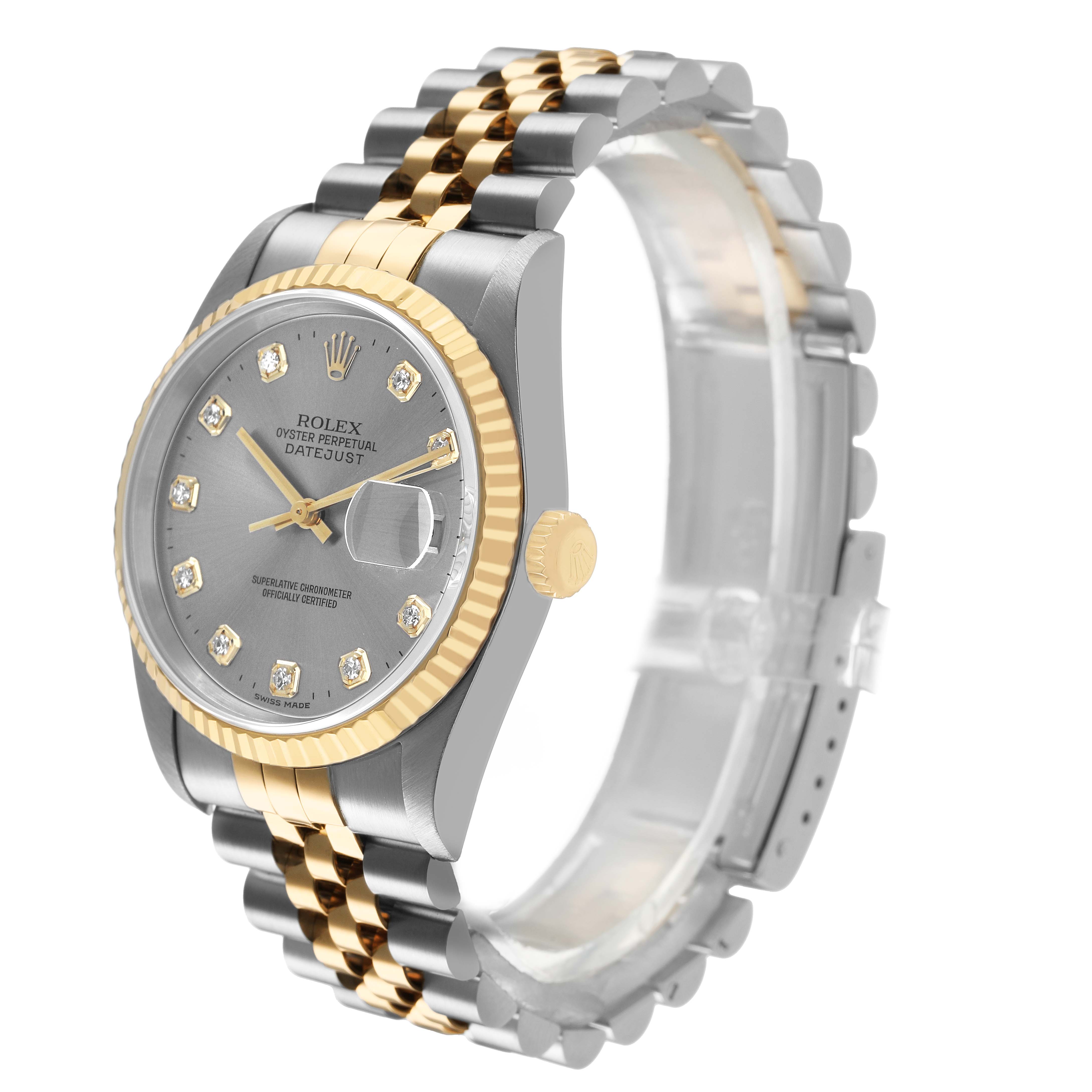 The Rolex Datejust 16233 Men's Steel and Gold (two tone) Silver Dial watch is shown at an angled side view, highlighting the bezel, dial, crown, and Jubilee bracelet.