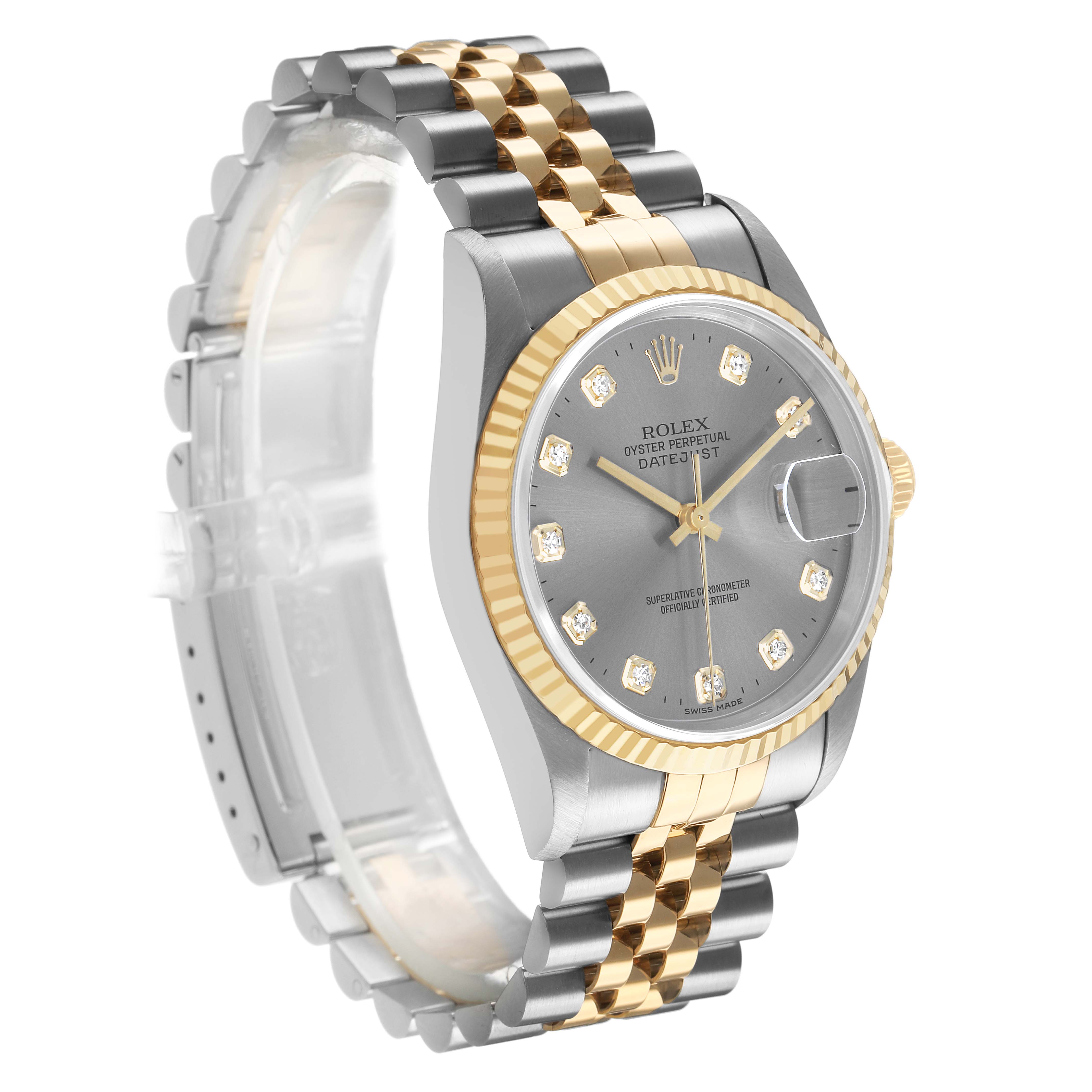 The Rolex Datejust 16233 Men's Steel and Gold (two tone) Silver Dial watch is shown at a three-quarter angle, highlighting the dial, bezel, and two-tone bracelet.