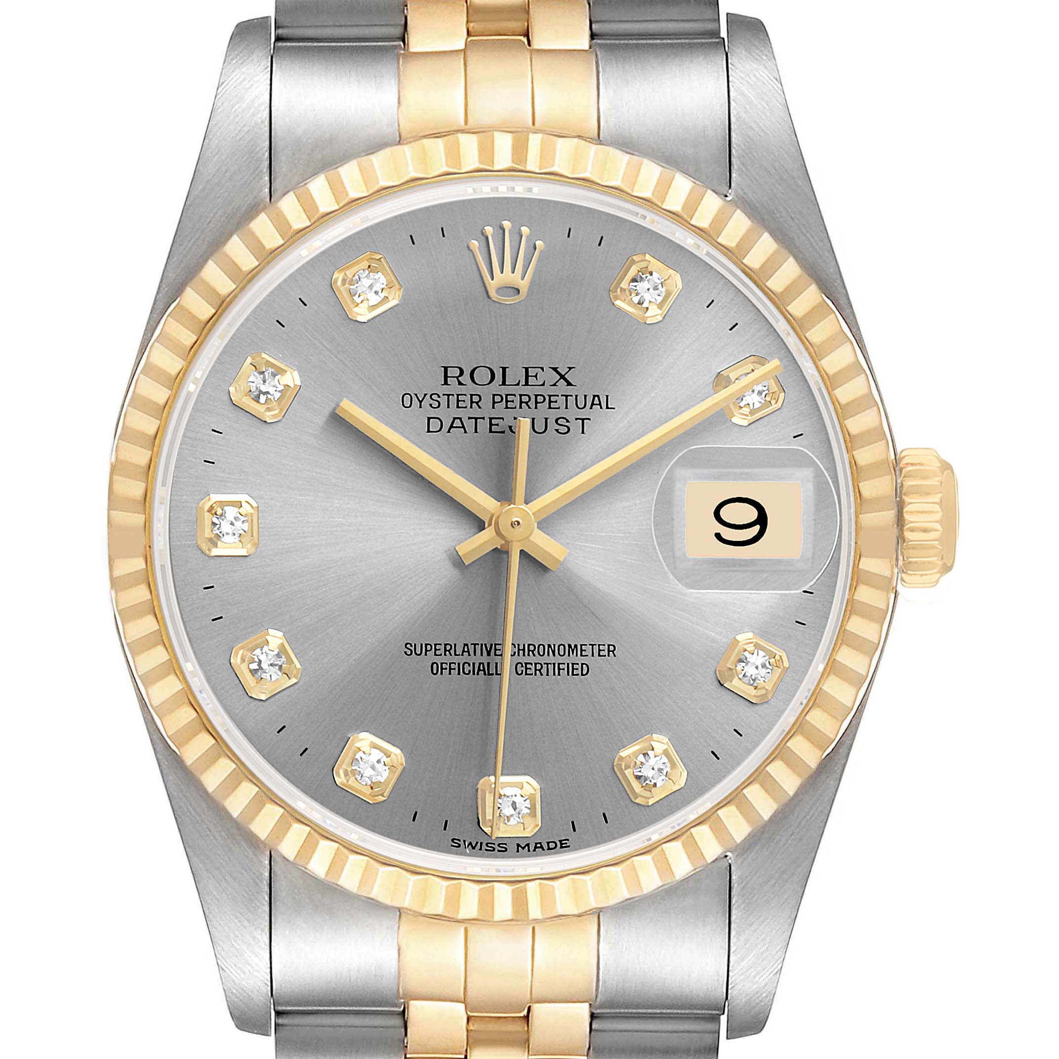 The Rolex Datejust 16233 Men's Steel and Gold (two tone) Silver Dial watch is shown from the front, highlighting the bezel, dial, markers, hands, and date window.