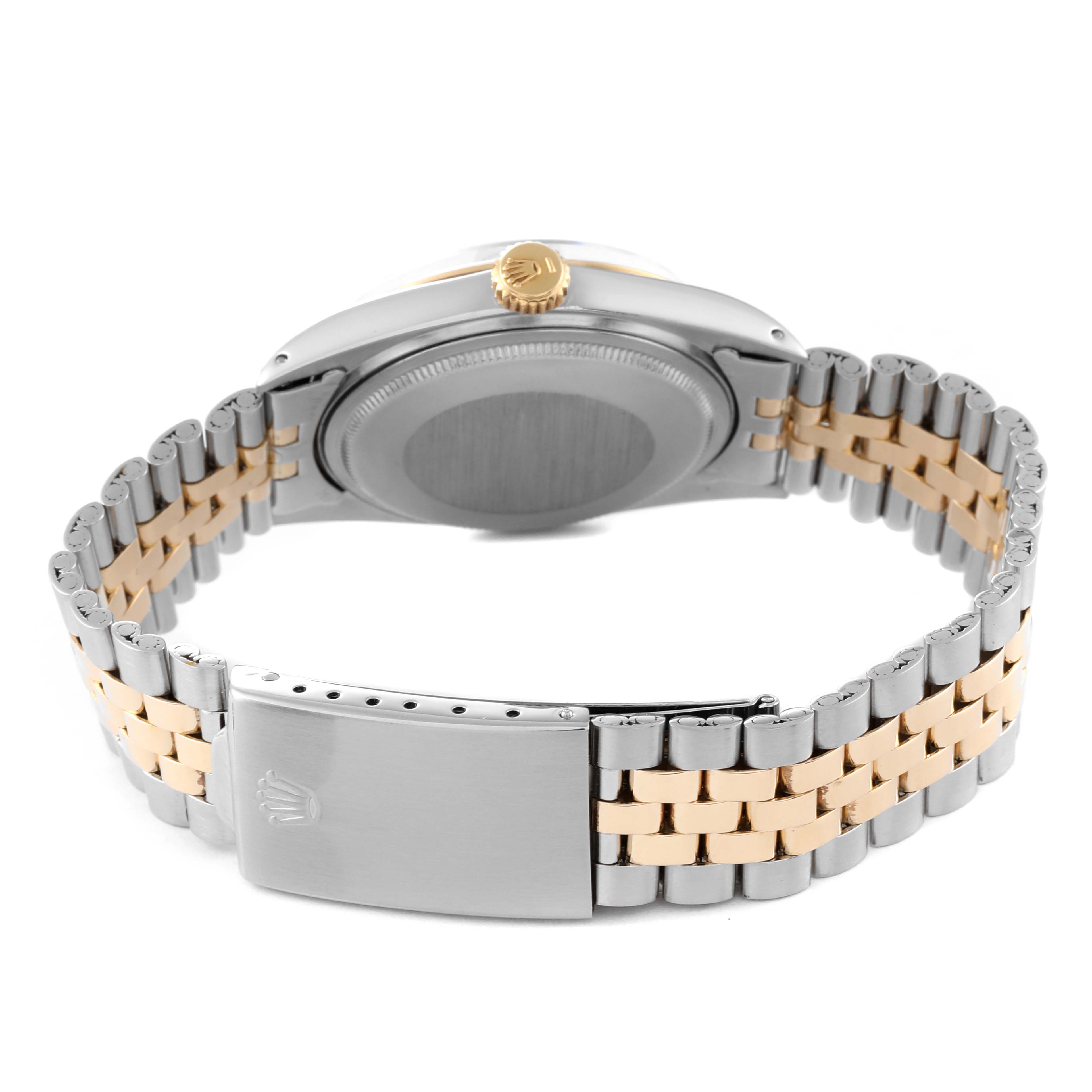 This image shows the back view of the Rolex Vintage Collection 1600 Men's Steel and Gold (two tone) Silver Dial 1600 Men's Steel and Gold (two tone) Silver Dial model, highlighting the clasp, case back, and two-tone metal bracelet.