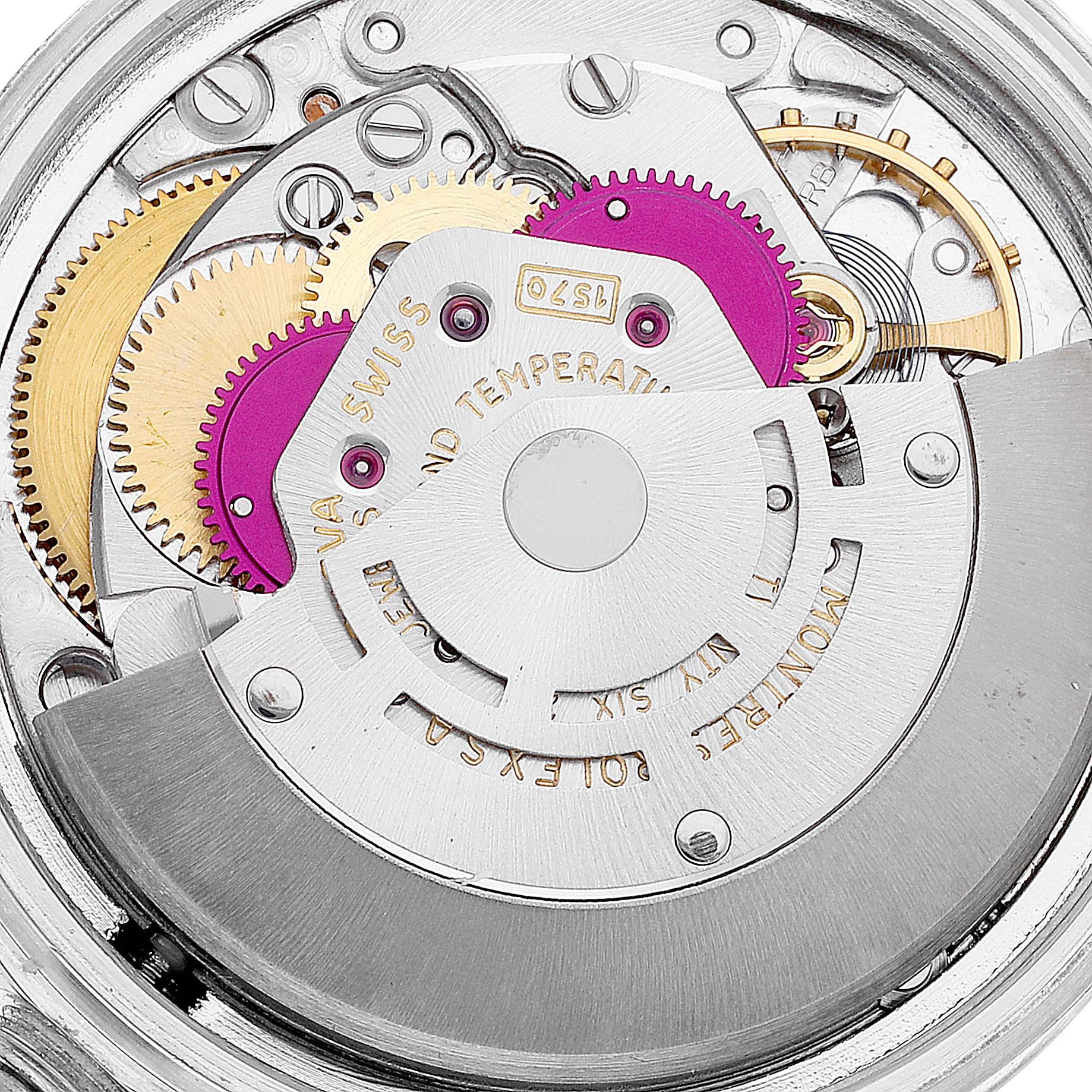 The image shows a close-up view of the internal mechanics of the Vintage Collection model by Rolex.