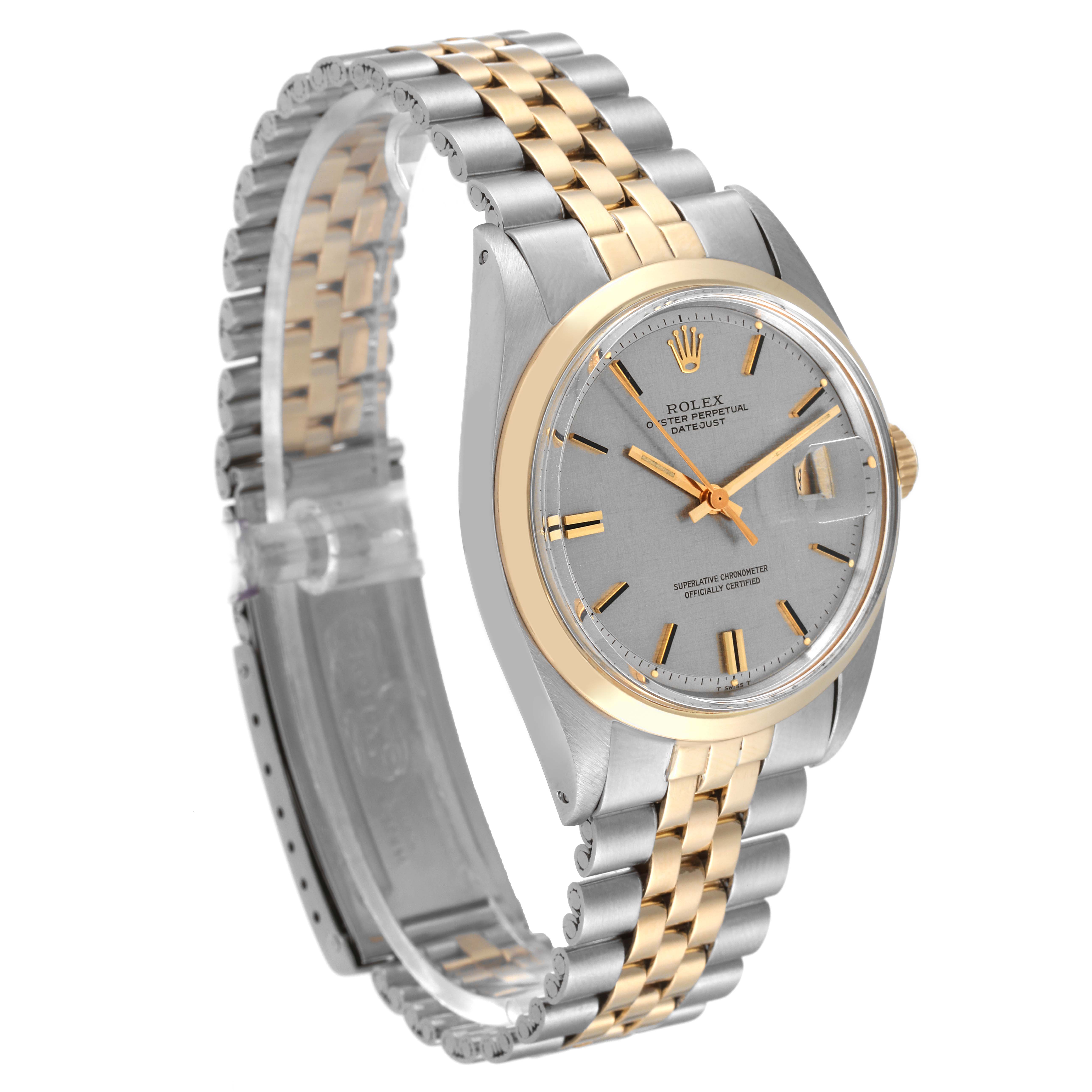 This Rolex Vintage Collection 1600 Men's Steel and Gold (two tone) Silver Dial 1600 Men's Steel and Gold (two tone) Silver Dial model is shown from a front-side angle, highlighting its two-tone bracelet, case, and dial.