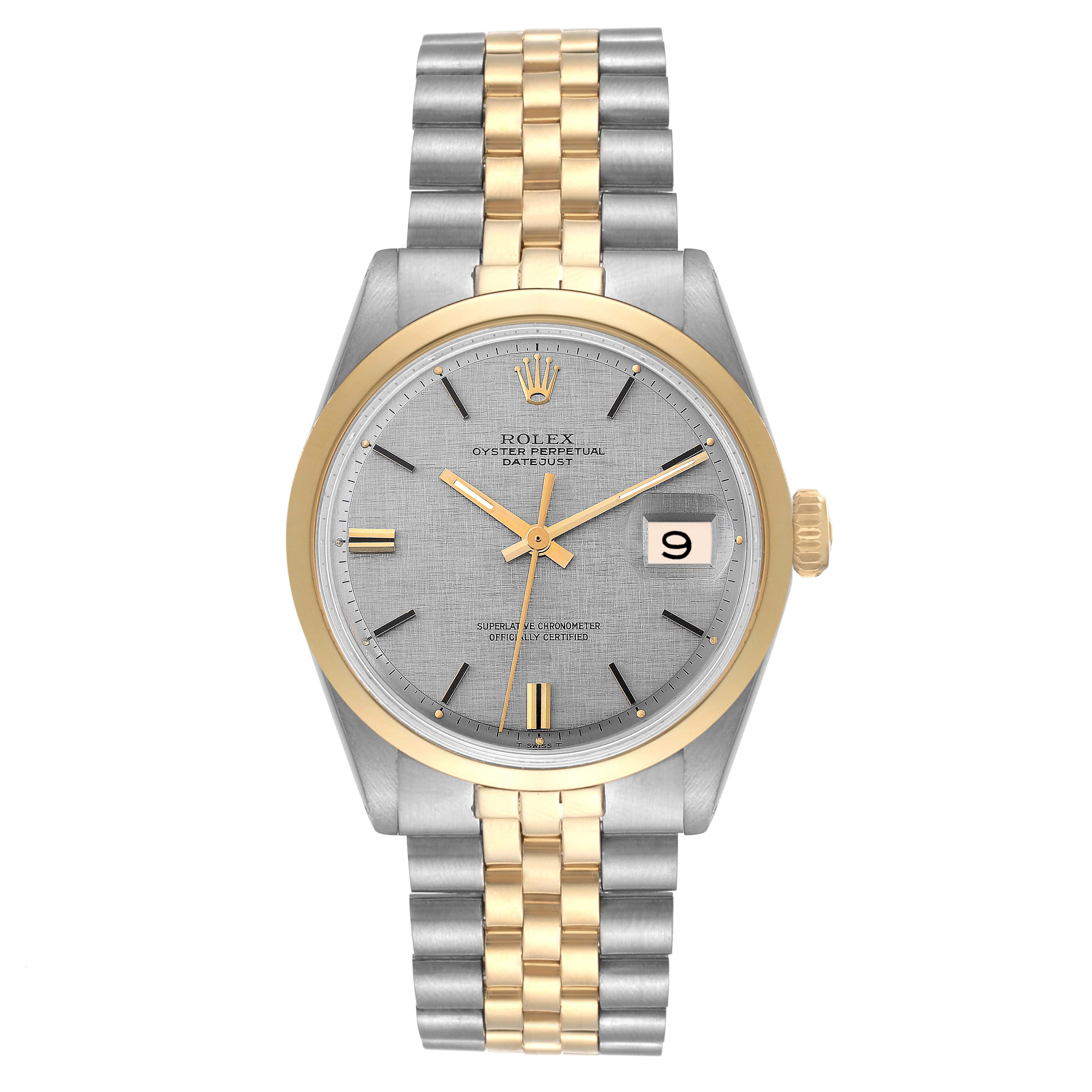The image shows a frontal view of the Rolex Vintage Collection 1600 Men's Steel and Gold (two tone) Silver Dial 1600 Men's Steel and Gold (two tone) Silver Dial watch, displaying its face, bezel, and two-tone bracelet.