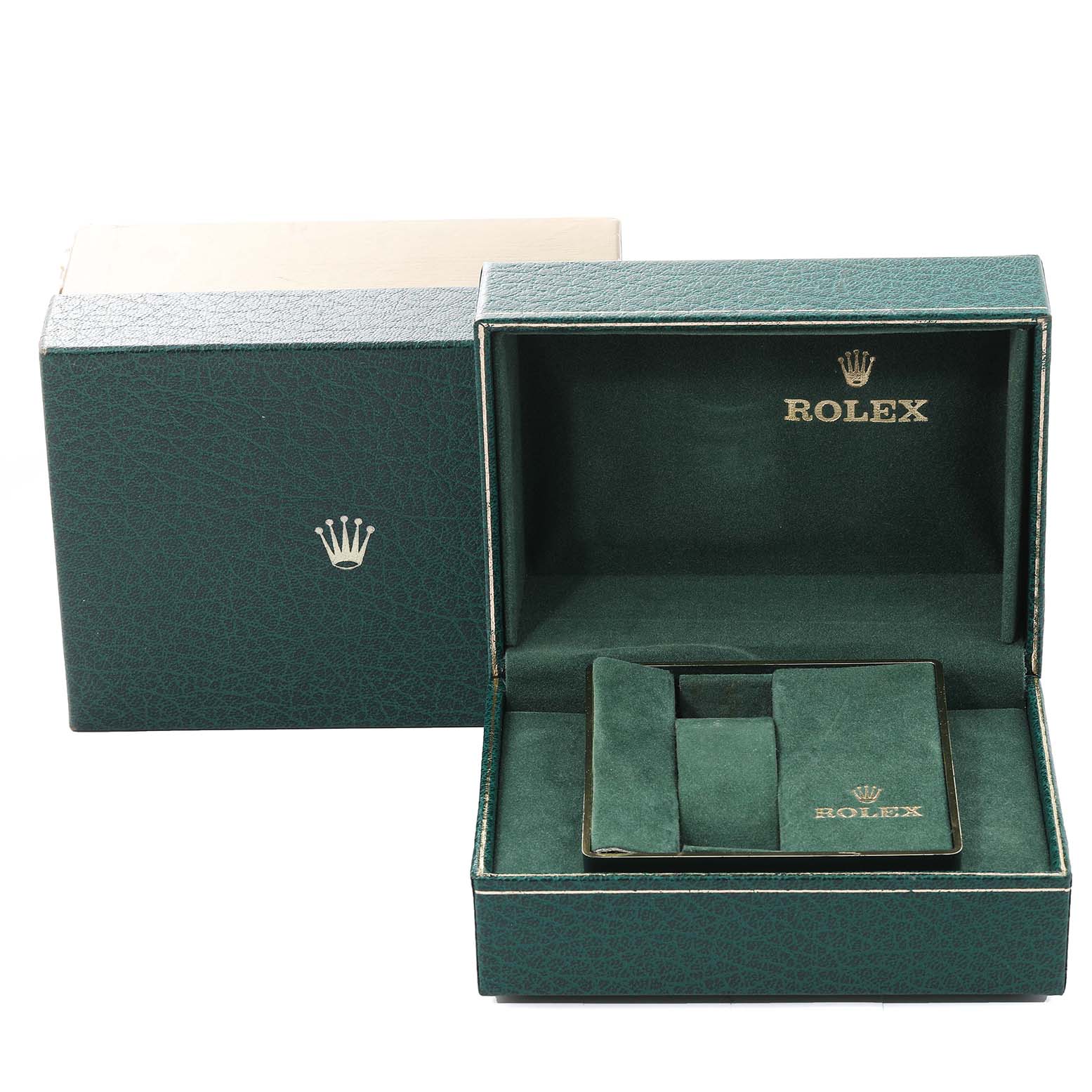 The image shows the open case and outer packaging for a Rolex Vintage Collection 1600 Men's Steel and Gold (two tone) Silver Dial 1600 Men's Steel and Gold (two tone) Silver Dial watch, displaying the interior and exterior branding.