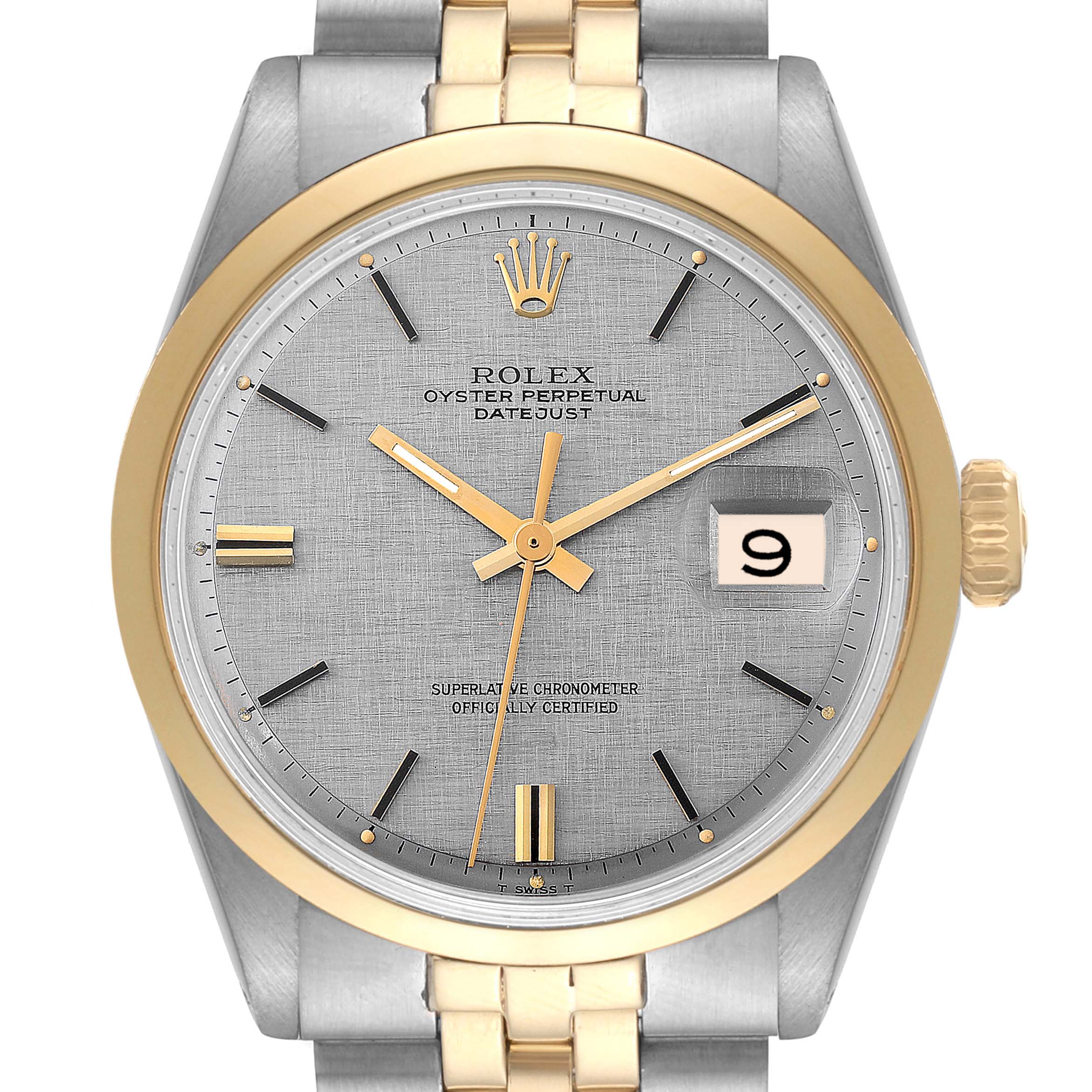 This image shows a front-facing view of a Rolex Vintage Collection 1600 Men's Steel and Gold (two tone) Silver Dial 1600 Men's Steel and Gold (two tone) Silver Dial Oyster Perpetual Datejust watch, highlighting the dial, bezel, and part of the bracelet.