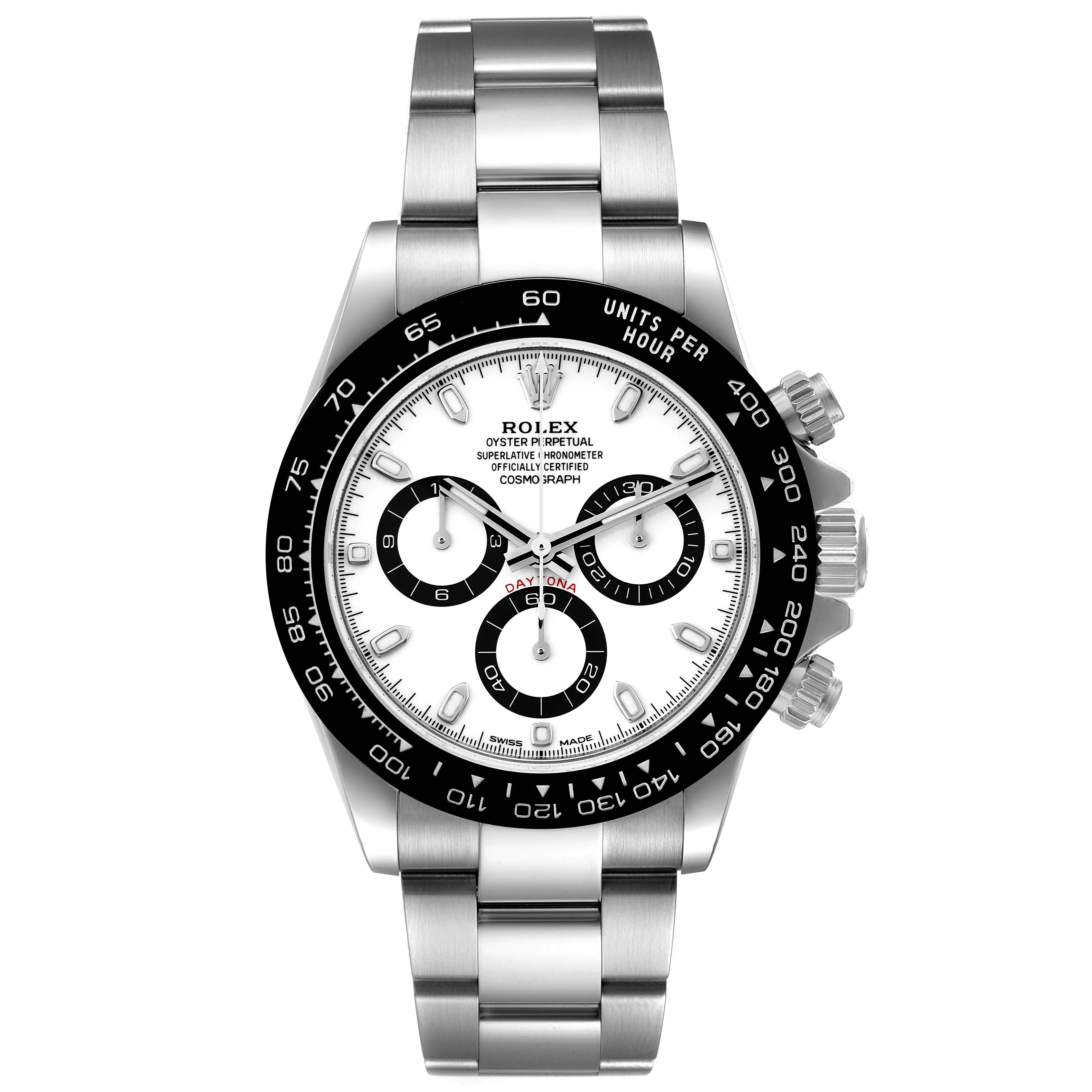 The Rolex Daytona 116500 Men's Stainless Steel White Dial 116500 Men's Stainless Steel White Dial watch is shown from the front, featuring its dial, bezel, crown, and bracelet.