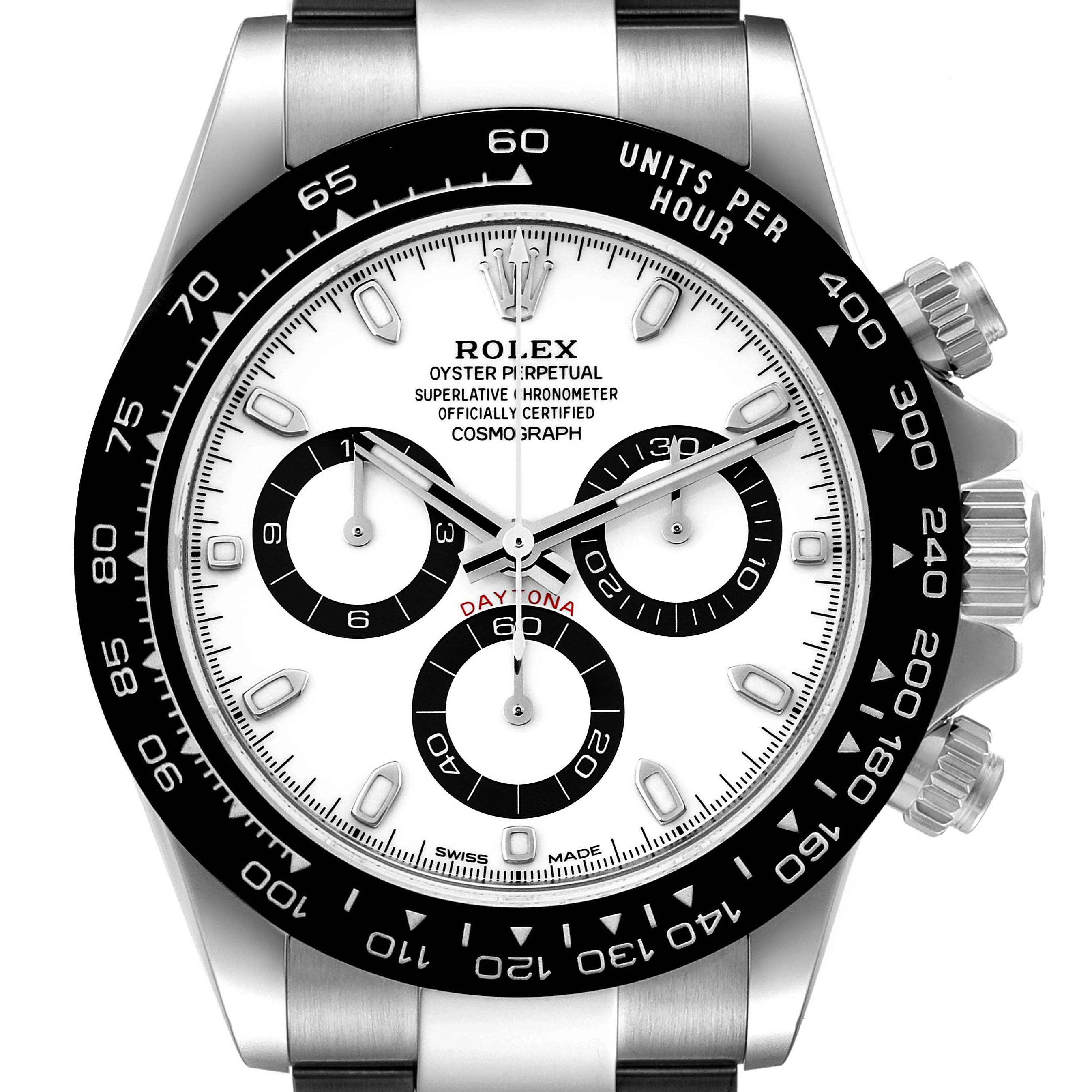 The image shows a frontal view of a Rolex Daytona 116500 Men's Stainless Steel White Dial 116500 Men's Stainless Steel White Dial watch, displaying the dial, bezel, and chronograph subdials.
