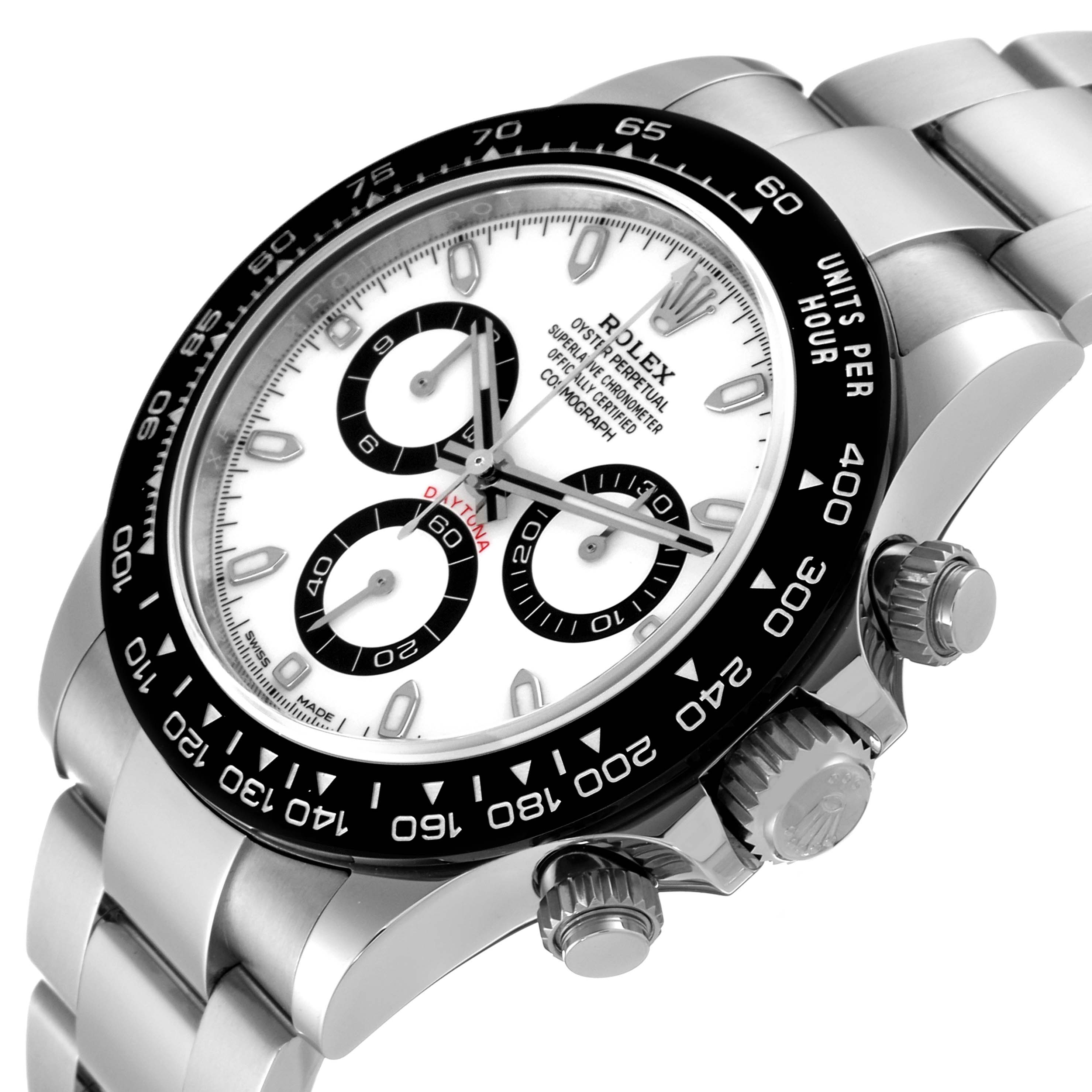 This image shows a Rolex Daytona 116500 Men's Stainless Steel White Dial 116500 Men's Stainless Steel White Dial watch from an upper side angle, highlighting its face, bezel, and chronograph buttons.