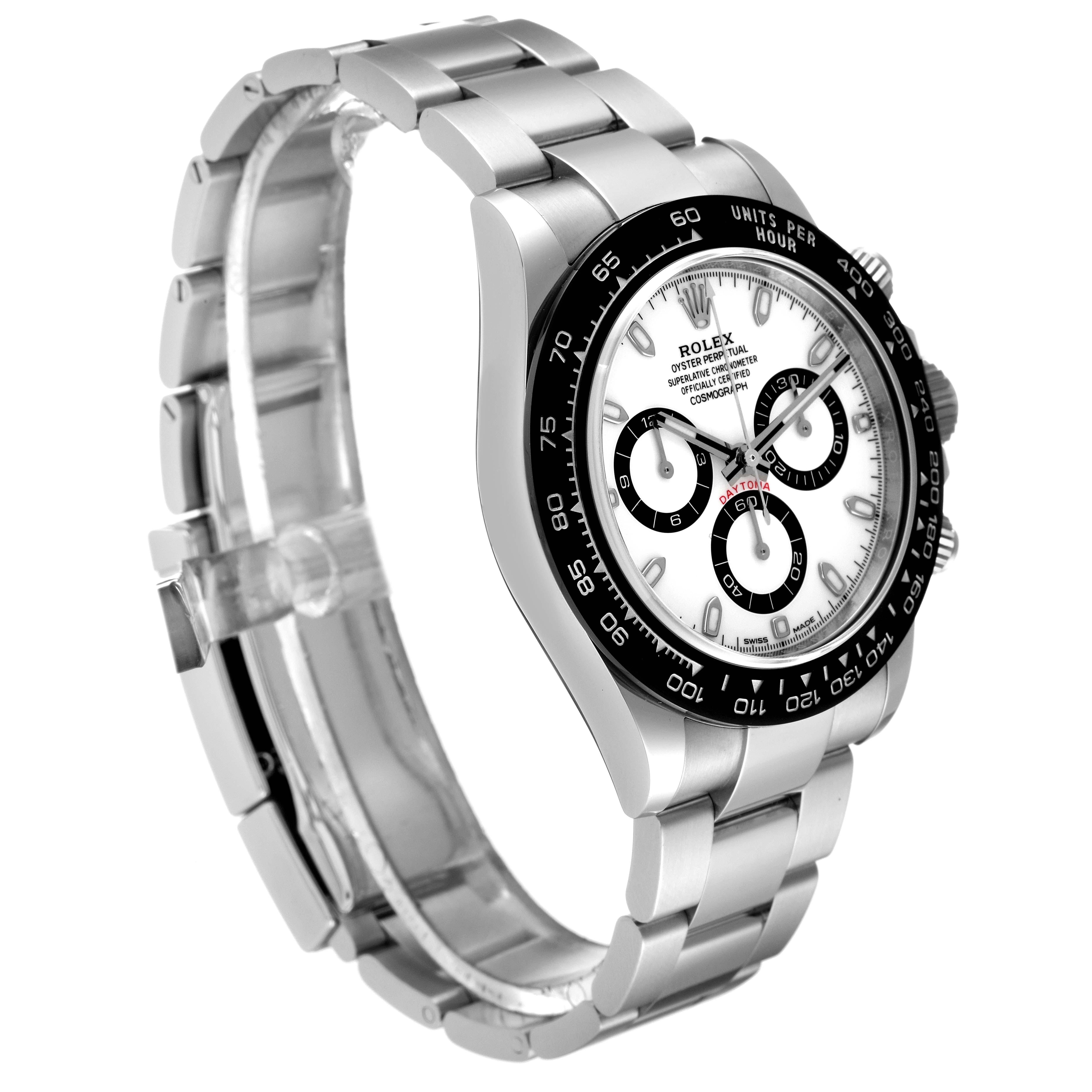 This image shows a Rolex Daytona 116500 Men's Stainless Steel White Dial 116500 Men's Stainless Steel White Dial watch at a three-quarter angle, highlighting the dial, bezel, and bracelet.