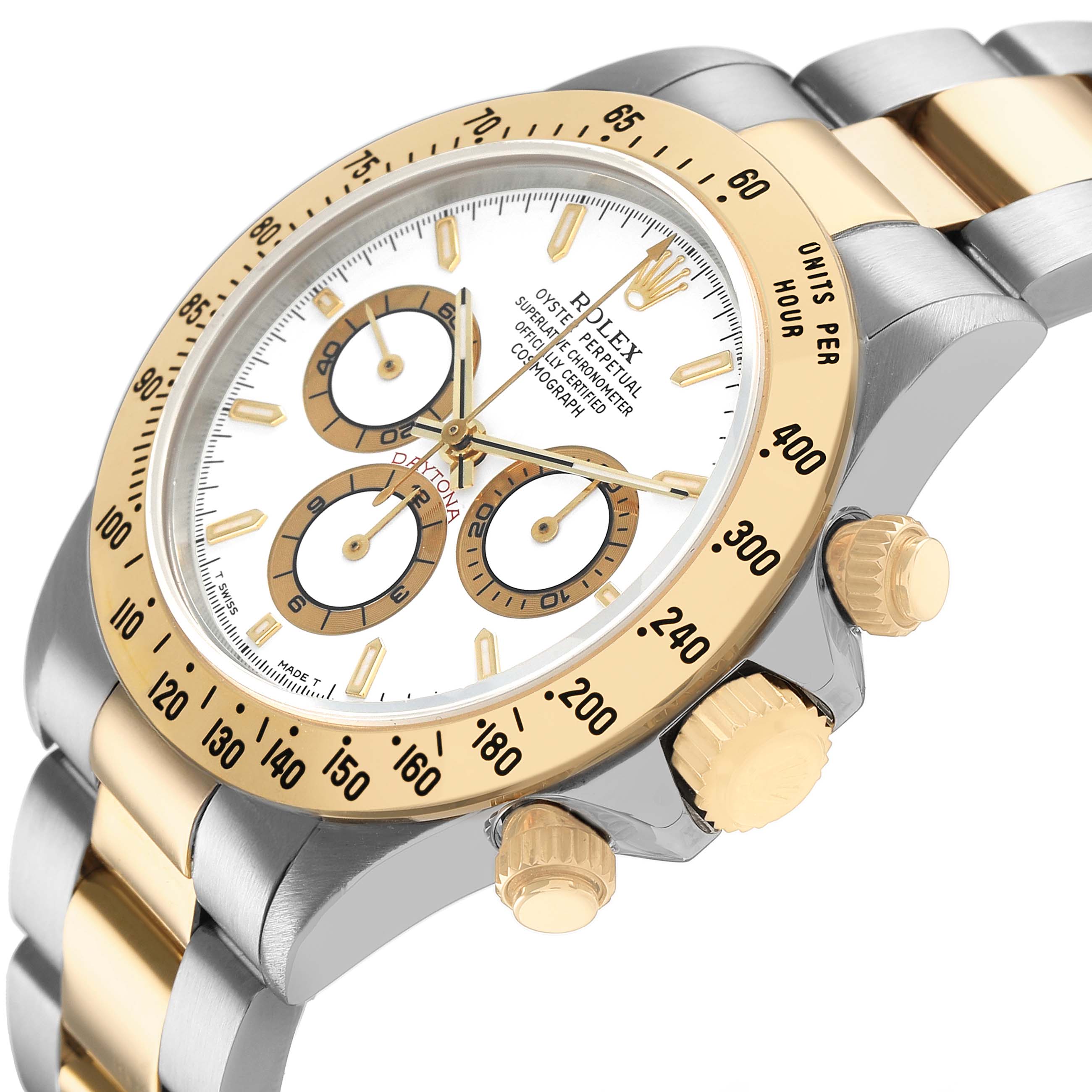 The image shows a Rolex Daytona 16523 Men's Steel and Gold (two tone) White Dial at an angled close-up, highlighting the bezel, chronograph dials, and crown.
