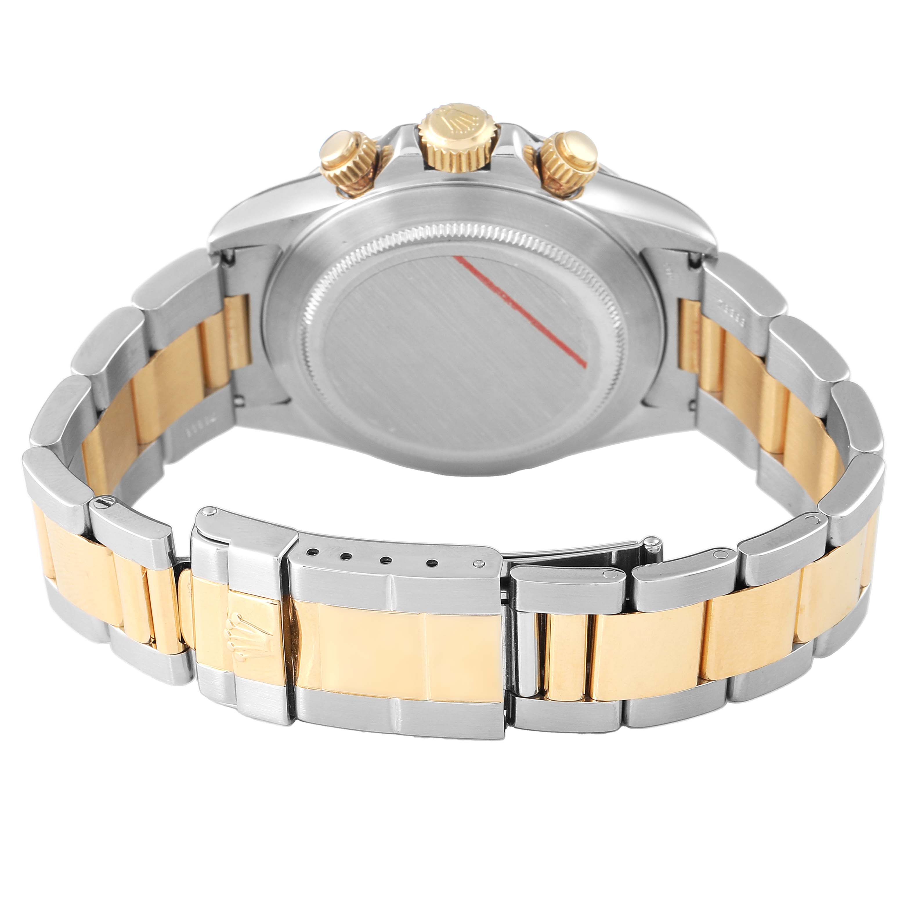 The image shows the back view of the Rolex Daytona 16523 Men's Steel and Gold (two tone) White Dial watch, highlighting the case, crown, and two-tone bracelet.