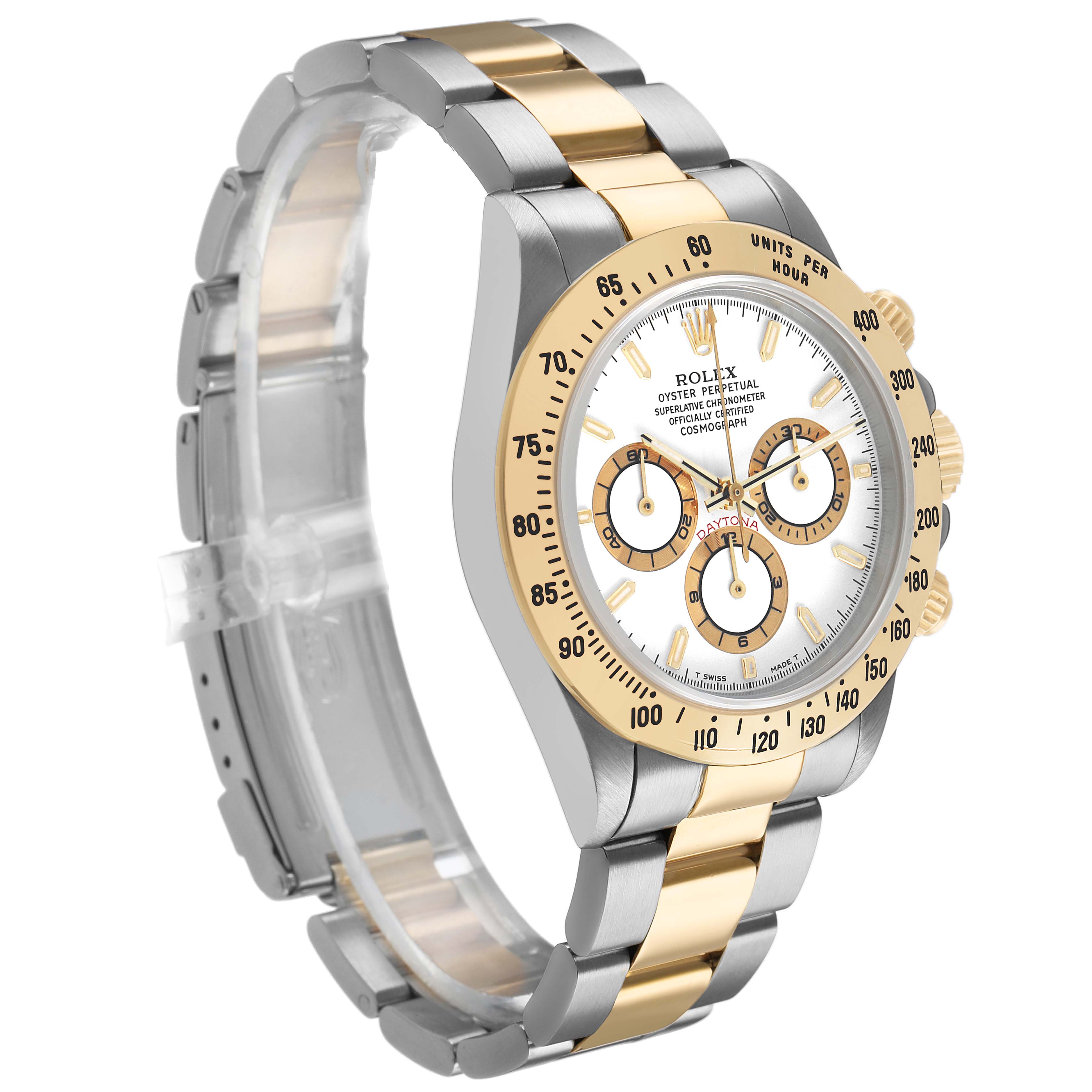 The Rolex Daytona 16523 Men's Steel and Gold (two tone) White Dial watch is shown at a three-quarter angle, highlighting its dial, bezel, and bracelet.