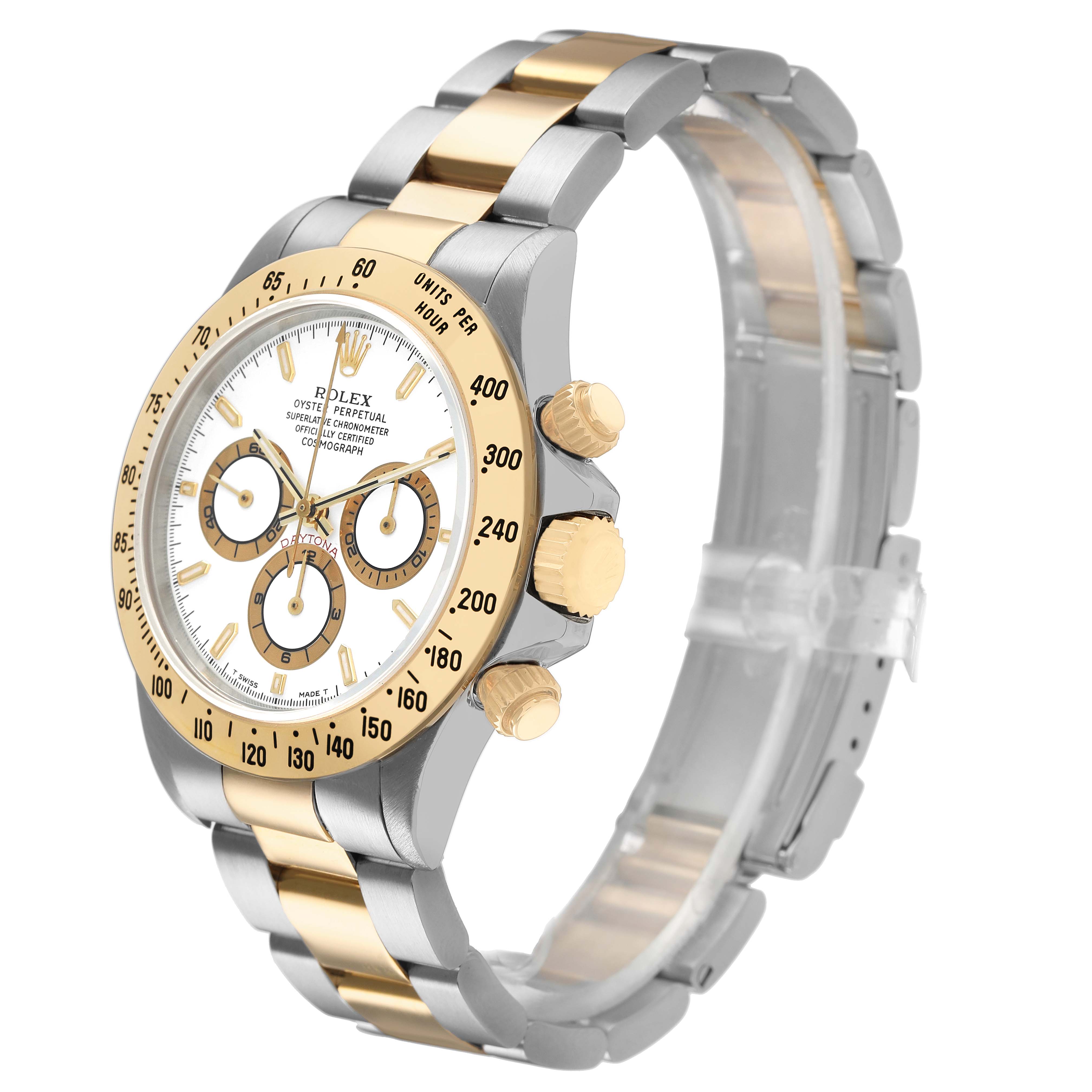 The Rolex Daytona 16523 Men's Steel and Gold (two tone) White Dial watch is shown from a front-right angle, displaying its bezel, dial, and two-tone bracelet.