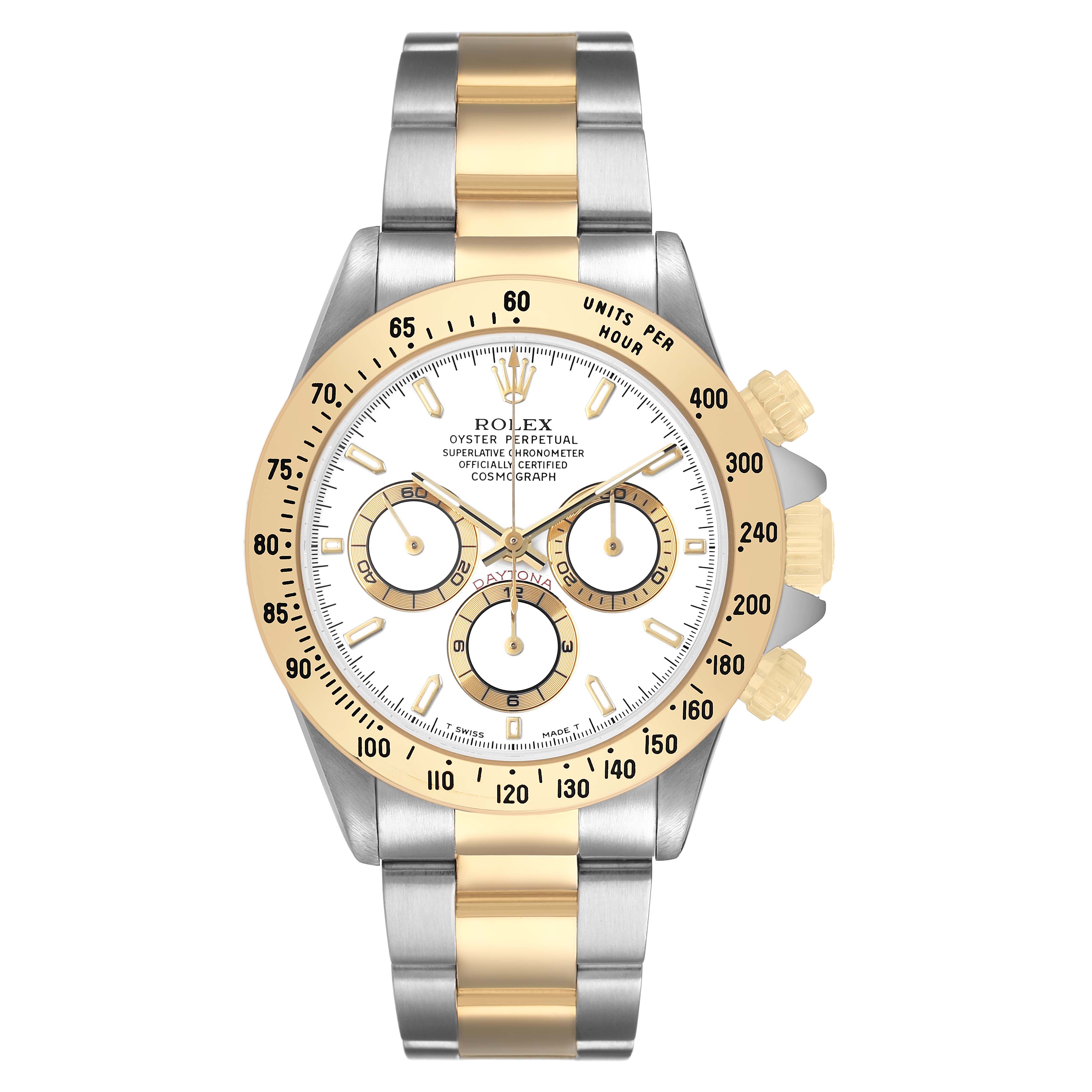 The Rolex Daytona 16523 Men's Steel and Gold (two tone) White Dial watch is shown from the front, highlighting the face, bezel, and two-tone bracelet.