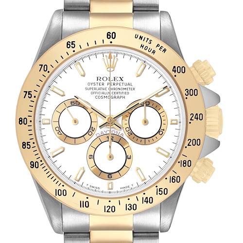 The image shows the front view of a Rolex Daytona 16523 Men's Steel and Gold (two tone) White Dial watch, highlighting its bezel, dial, and sub-dials.