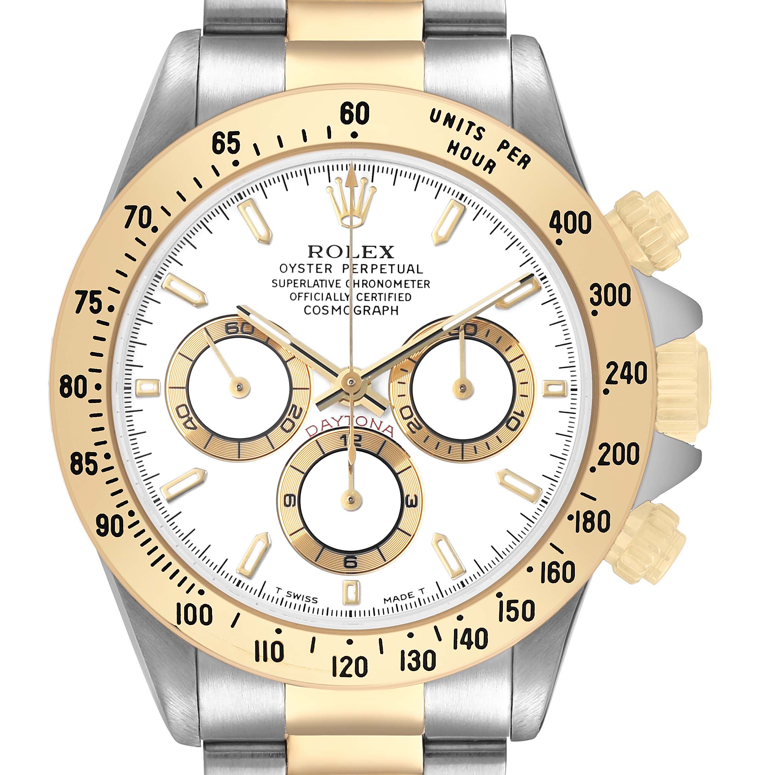 The Rolex Daytona 16523 Men's Steel and Gold (two tone) White Dial watch is shown from a front angle, displaying its face, bezel, and pushers.
