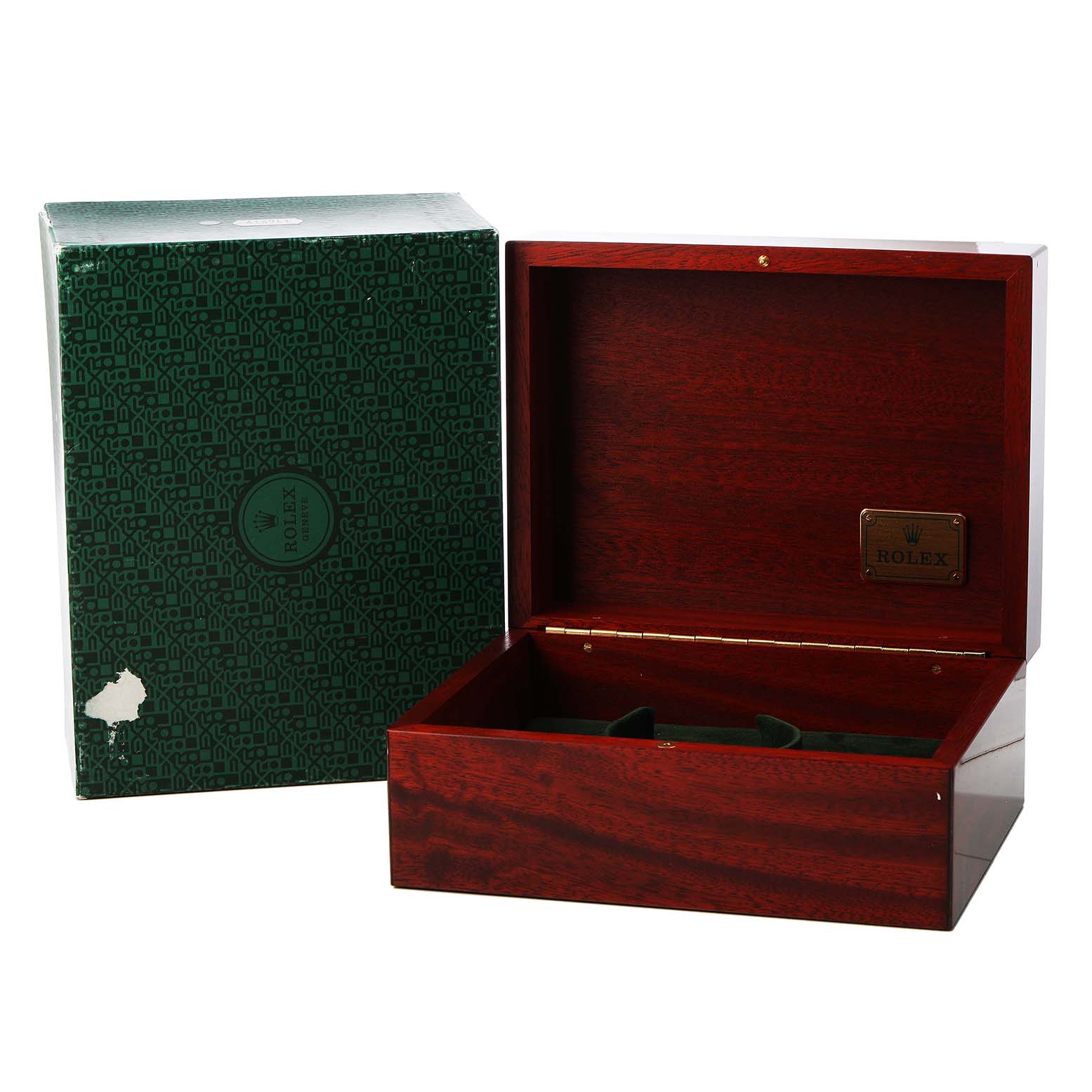 The image shows a Rolex Daytona 16523 Men's Steel and Gold (two tone) White Dial watch box, open, with a green outer box beside it.