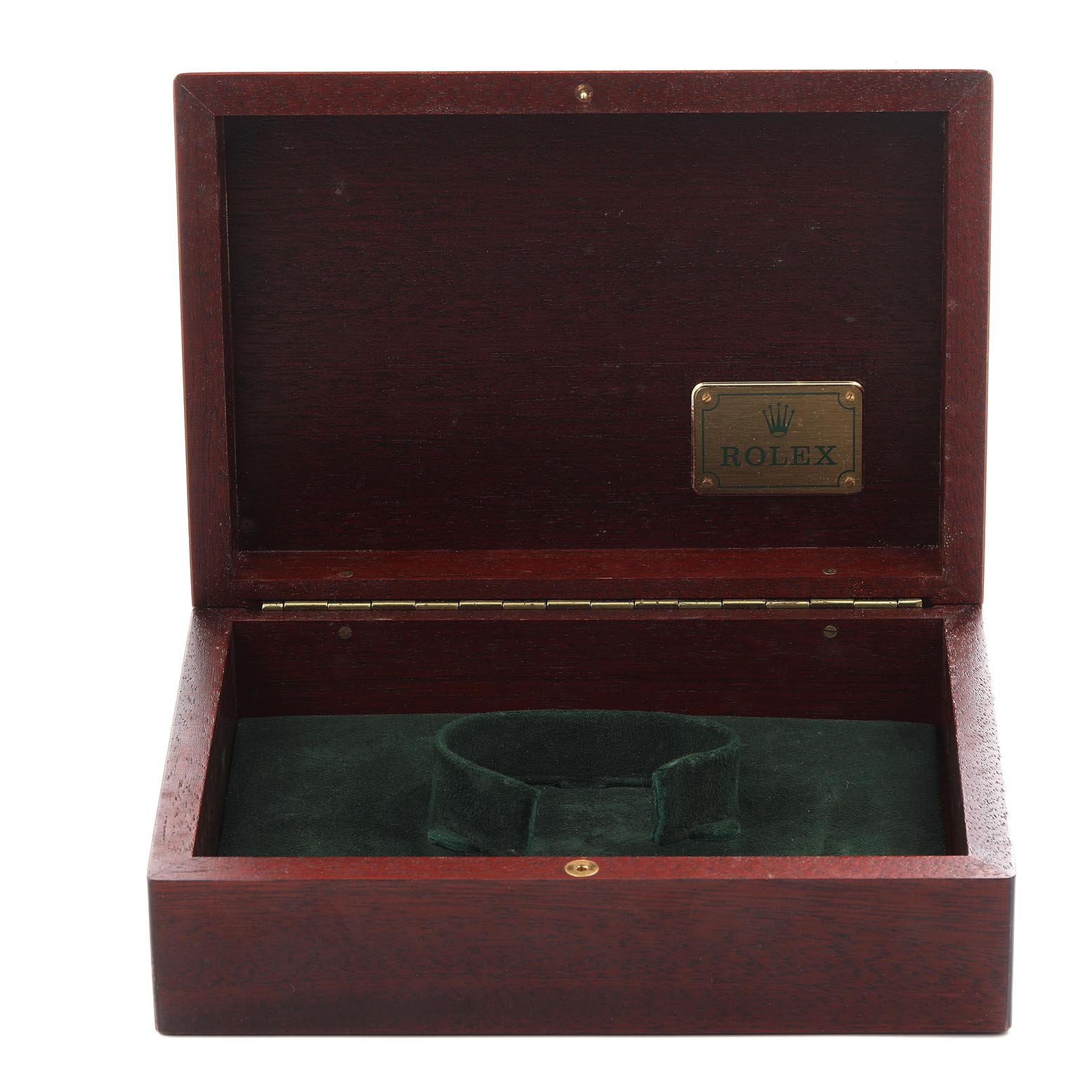The image shows an open wooden Rolex box for the Daytona model, featuring a green interior and a Rolex plaque.