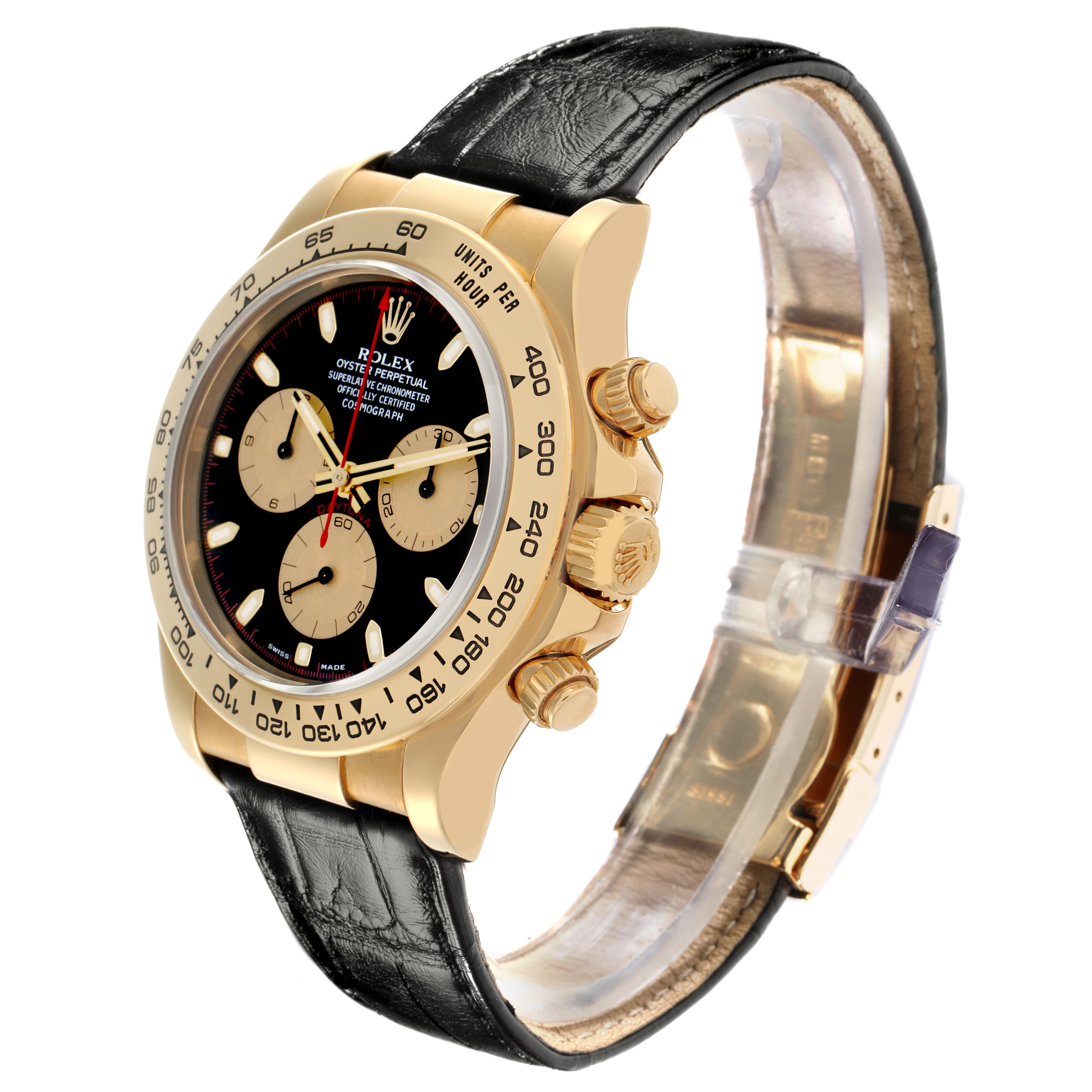 The Rolex Daytona 116518 Men's Yellow Gold Black Dial 116518 Men's Yellow Gold Black Dial watch is shown at a side angle, highlighting the dial, bezel, crown, pushers, and black leather strap.