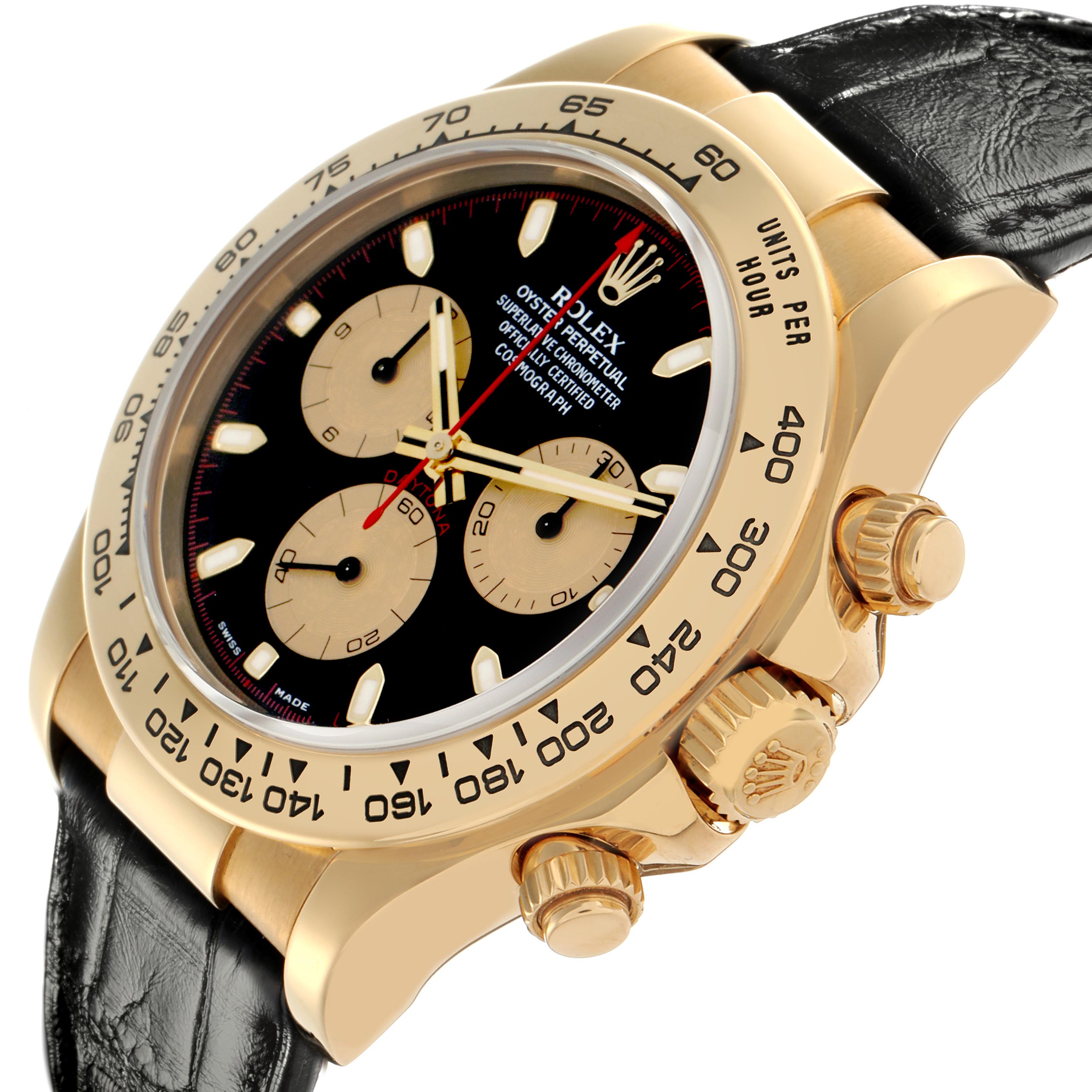 The Rolex Daytona 116518 Men's Yellow Gold Black Dial 116518 Men's Yellow Gold Black Dial watch is shown at a three-quarter angle highlighting the dial, bezel, crown, and pushers.