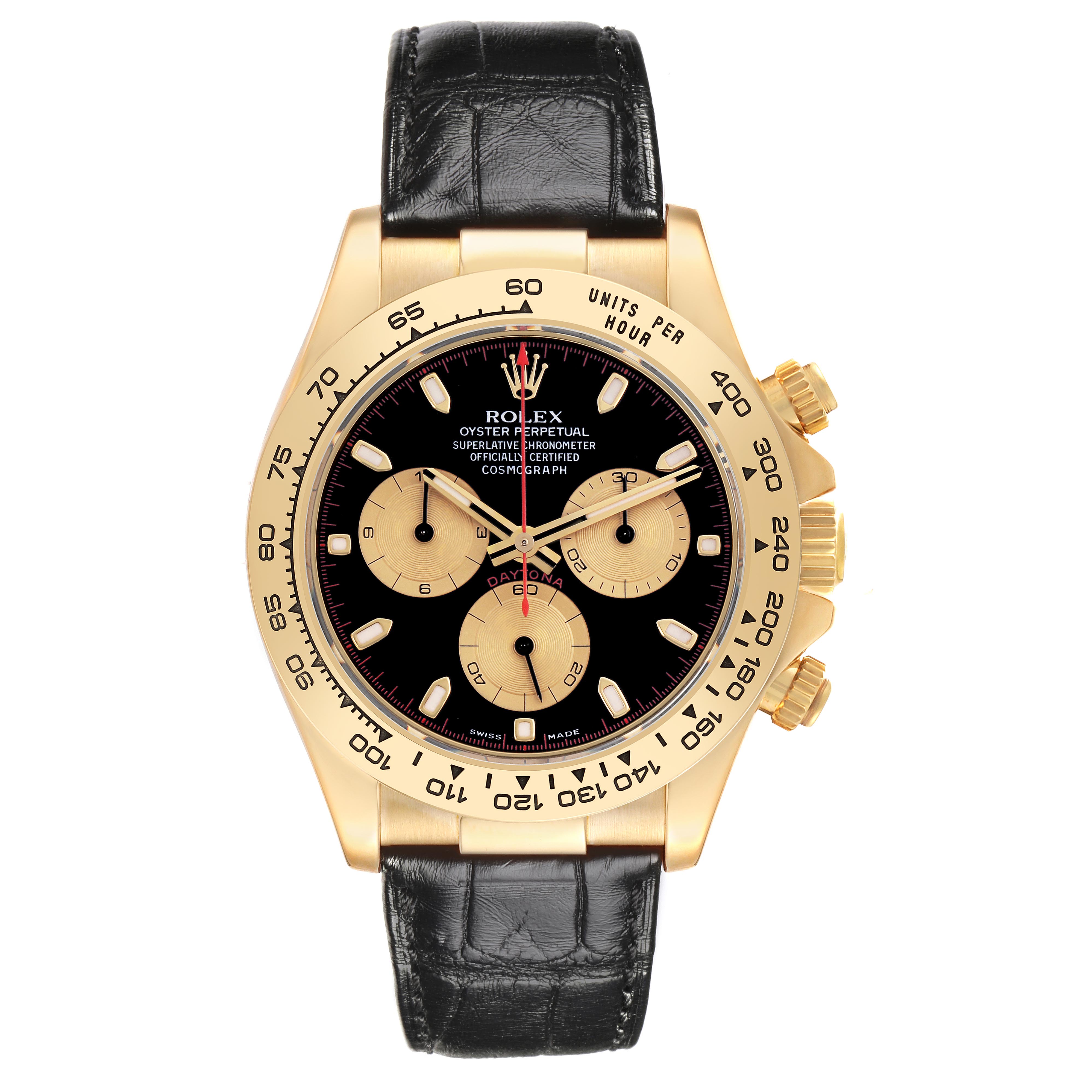 The Rolex Daytona 116518 Men's Yellow Gold Black Dial 116518 Men's Yellow Gold Black Dial watch is shown from a front view, displaying the black dial, gold bezel, push buttons, and a black leather strap.