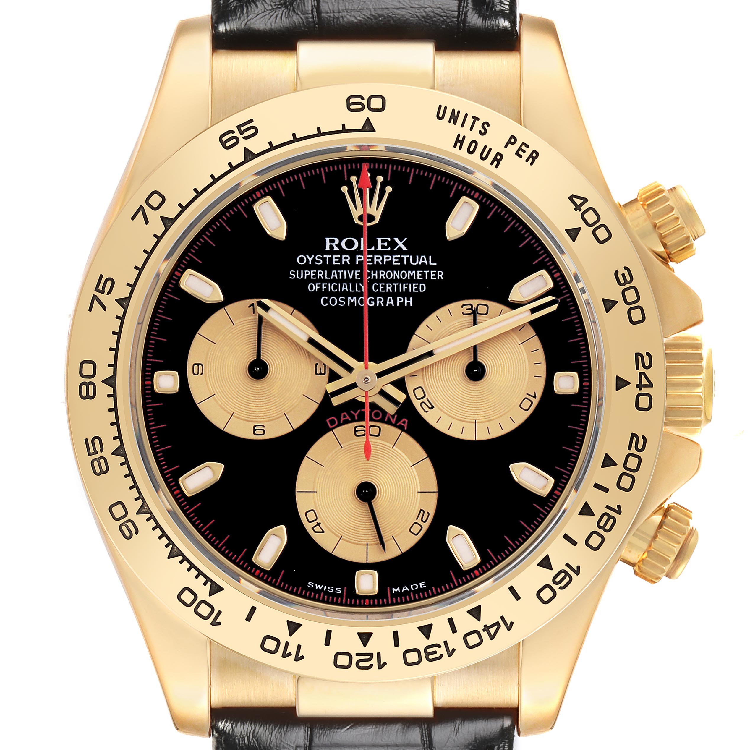 The Rolex Daytona 116518 Men's Yellow Gold Black Dial 116518 Men's Yellow Gold Black Dial watch is shown from a front angle, highlighting the black dial, tachymetric bezel, and subdials.