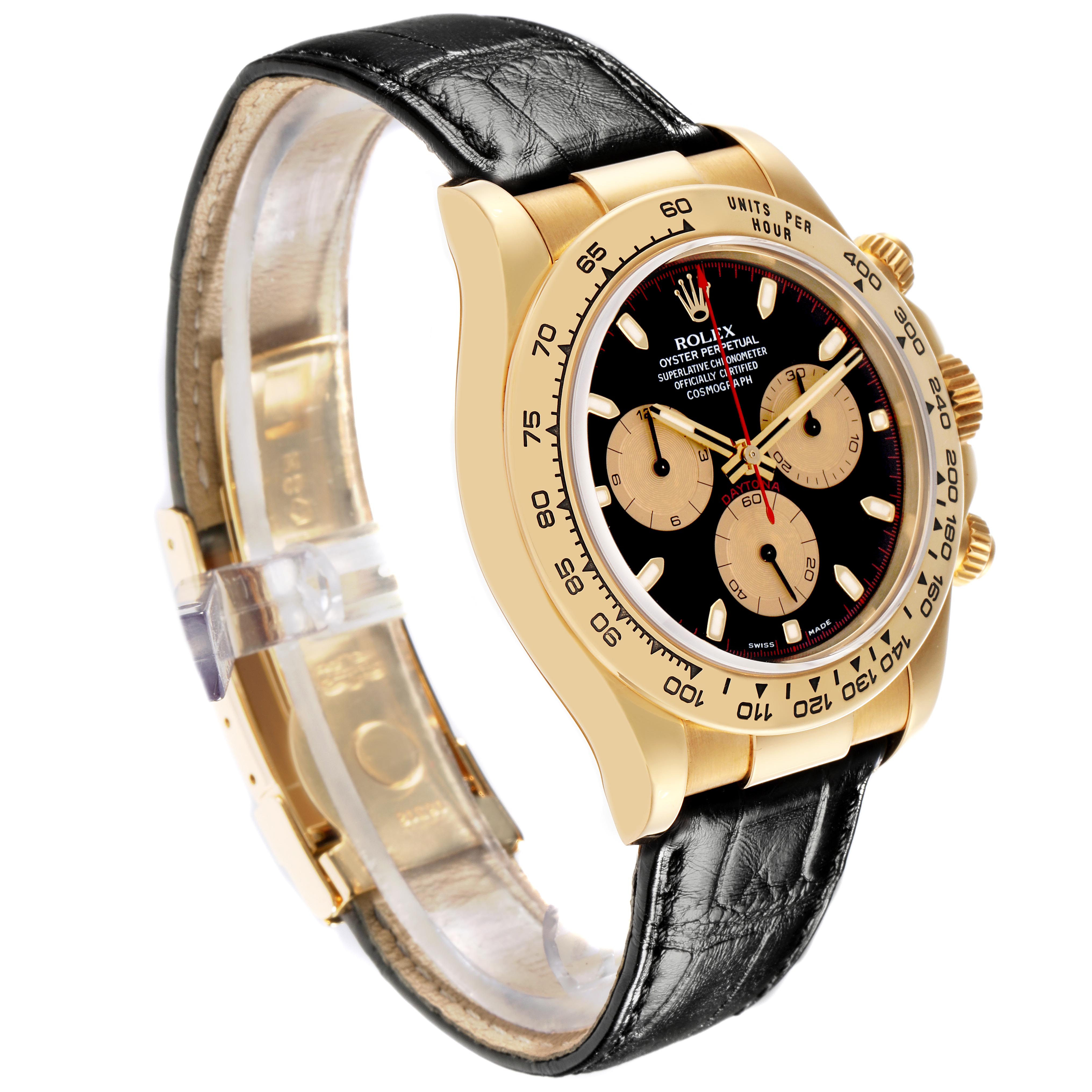 The Rolex Daytona 116518 Men's Yellow Gold Black Dial 116518 Men's Yellow Gold Black Dial watch is shown at an angle highlighting its dial, bezel, crown, and black leather strap.