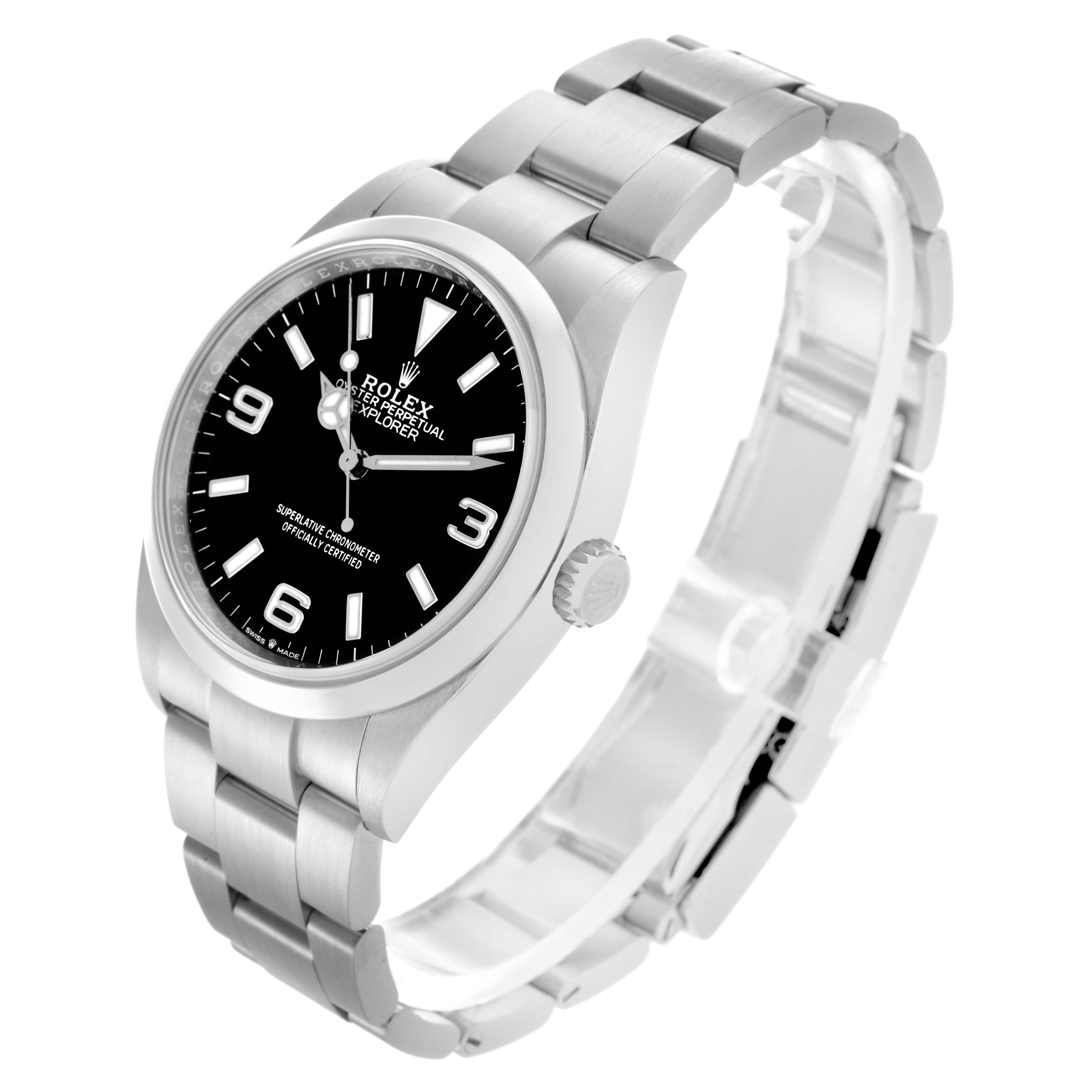 The Rolex Explorer 124270 Men's Stainless Steel Black Dial 124270 Men's Stainless Steel Black Dial watch is shown at a three-quarter angle, displaying the face, bezel, crown, and full bracelet.