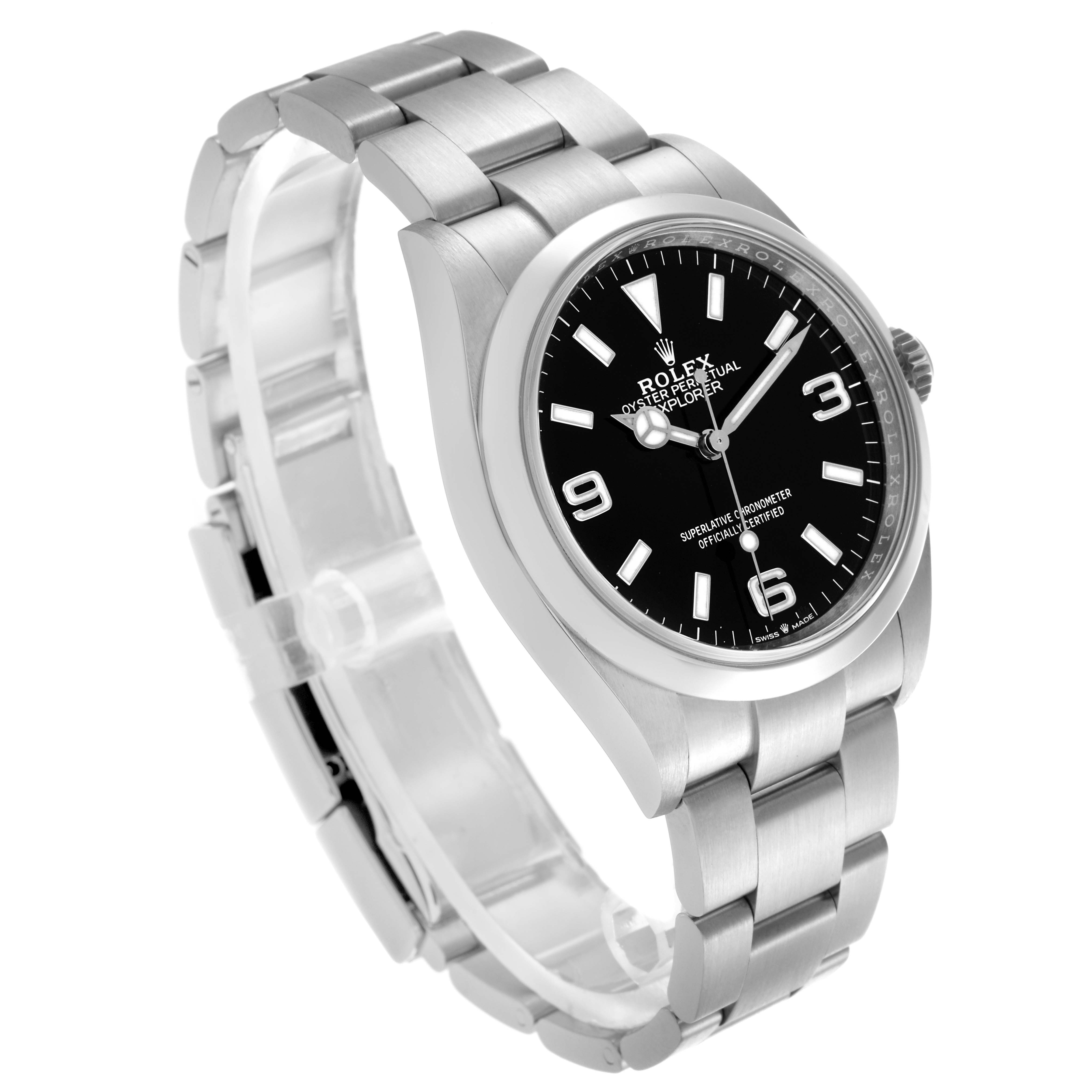 The Rolex Explorer 124270 Men's Stainless Steel Black Dial 124270 Men's Stainless Steel Black Dial watch is shown at a three-quarter angle, highlighting the face, bezel, and bracelet.