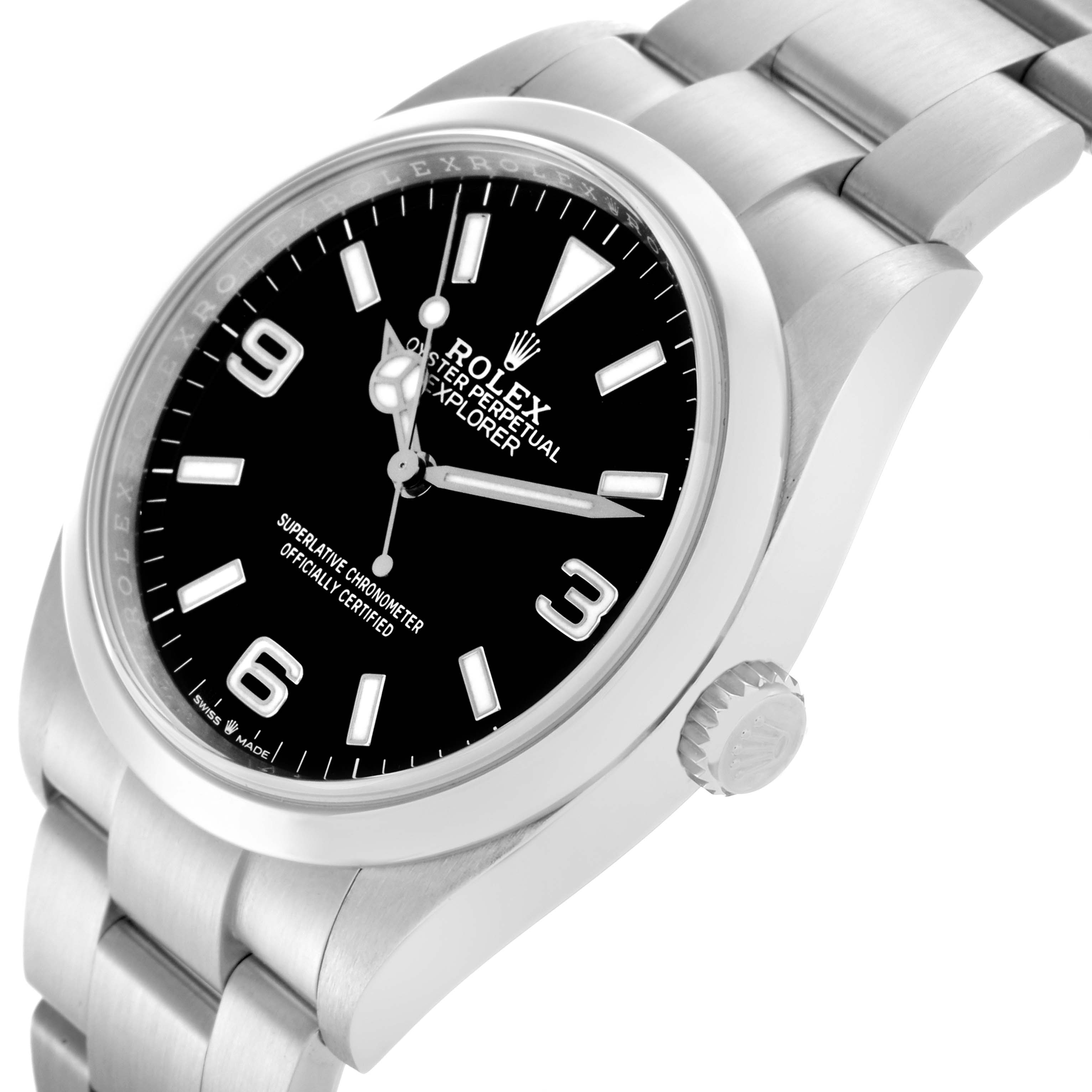 The image shows a Rolex Explorer 124270 Men's Stainless Steel Black Dial 124270 Men's Stainless Steel Black Dial watch from a front angle, highlighting its dial, bezel, crown, and bracelet.