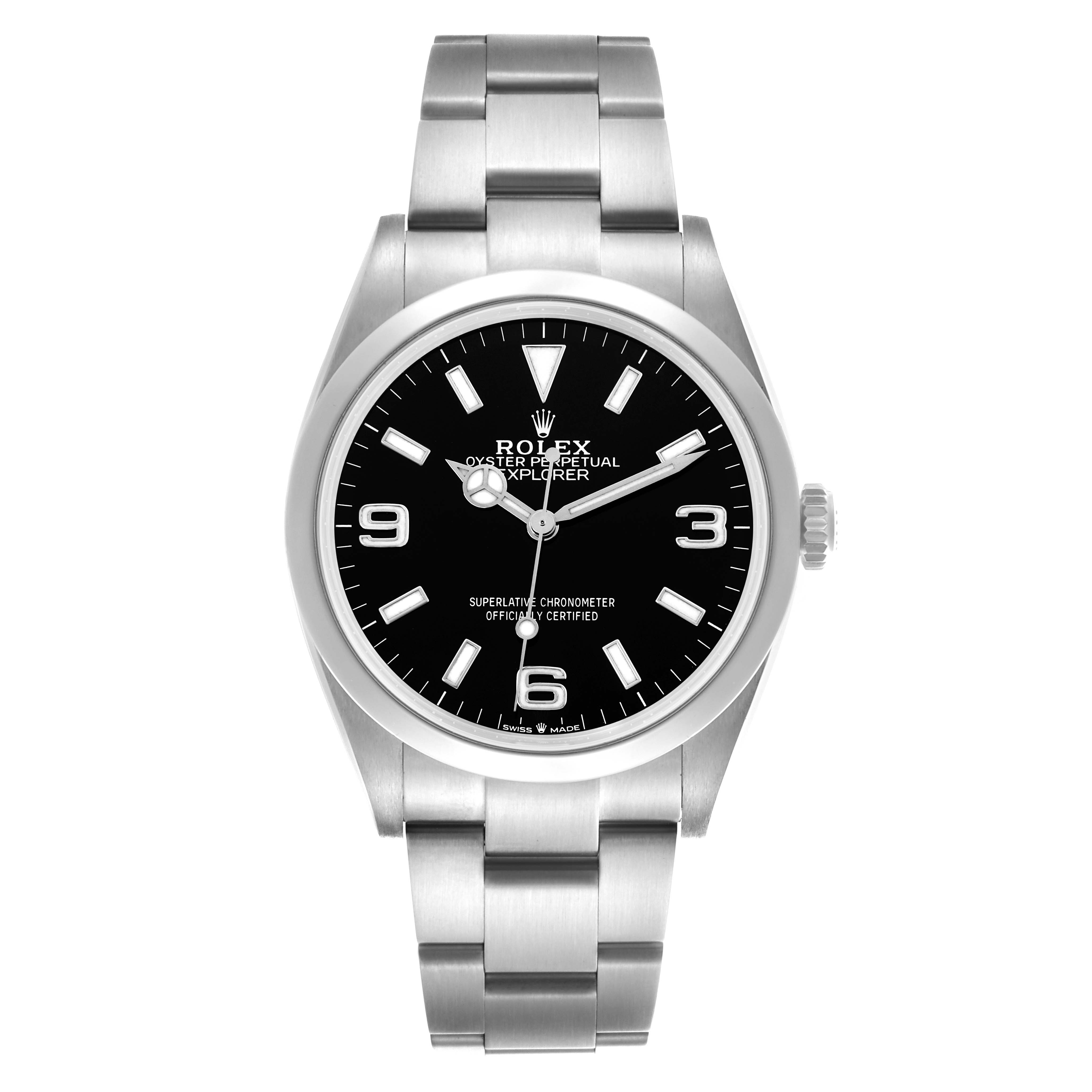 The Rolex Explorer 124270 Men's Stainless Steel Black Dial 124270 Men's Stainless Steel Black Dial watch is shown from a front angle, displaying the face, bezel, and bracelet.