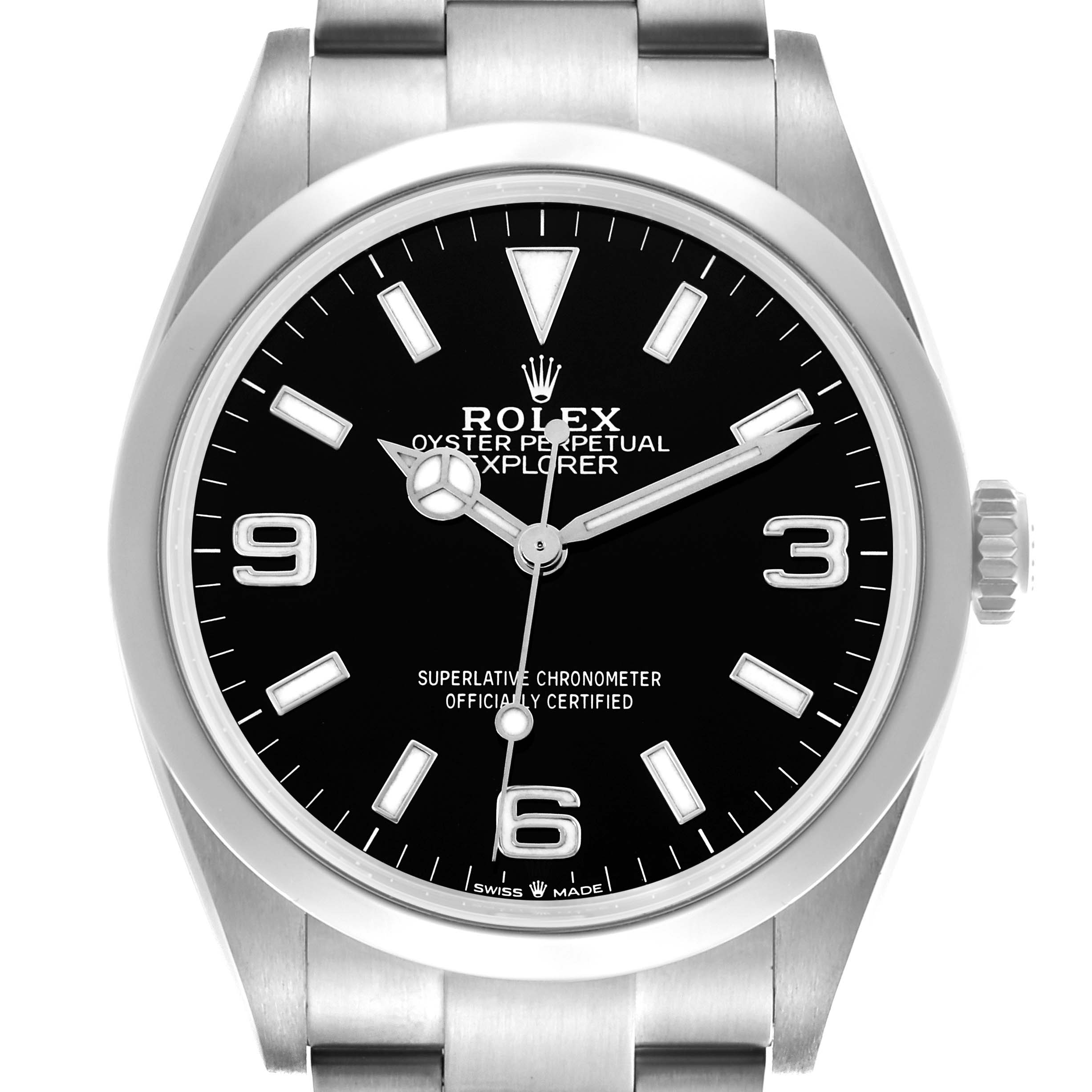 This Rolex Explorer 124270 Men's Stainless Steel Black Dial 124270 Men's Stainless Steel Black Dial watch is shown from a front angle, displaying the dial, bezel, case, and part of the bracelet.
