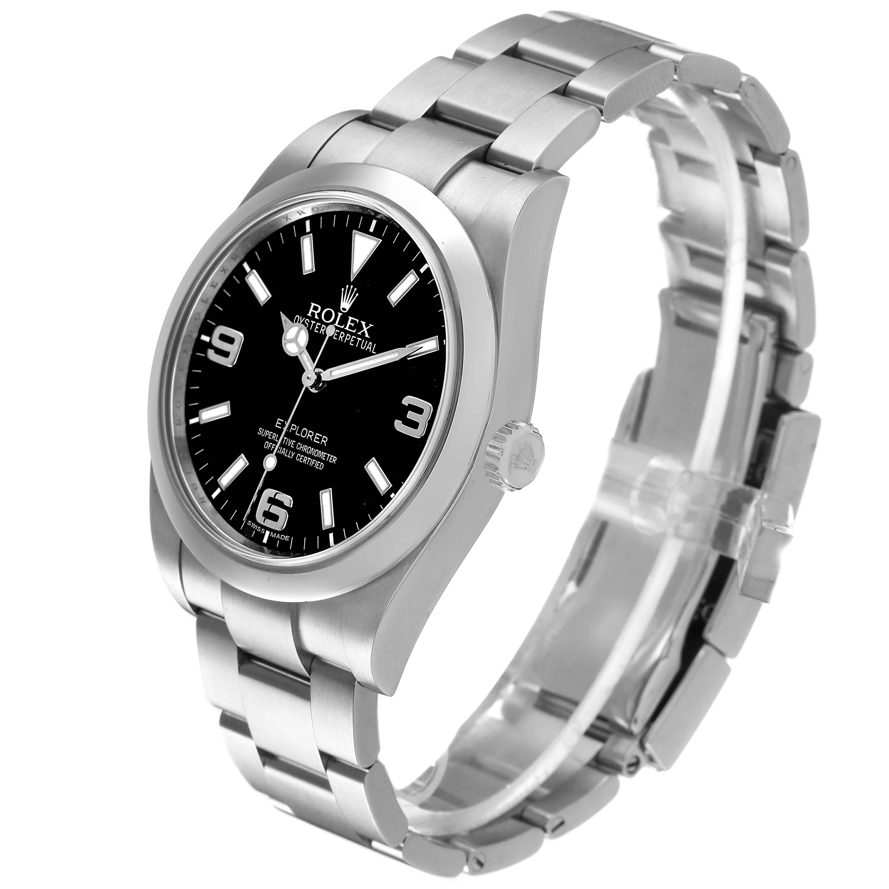 The image shows a side angle of the Rolex Explorer 214270 Men's Stainless Steel Black Dial watch, highlighting its black dial, stainless steel case, and bracelet.