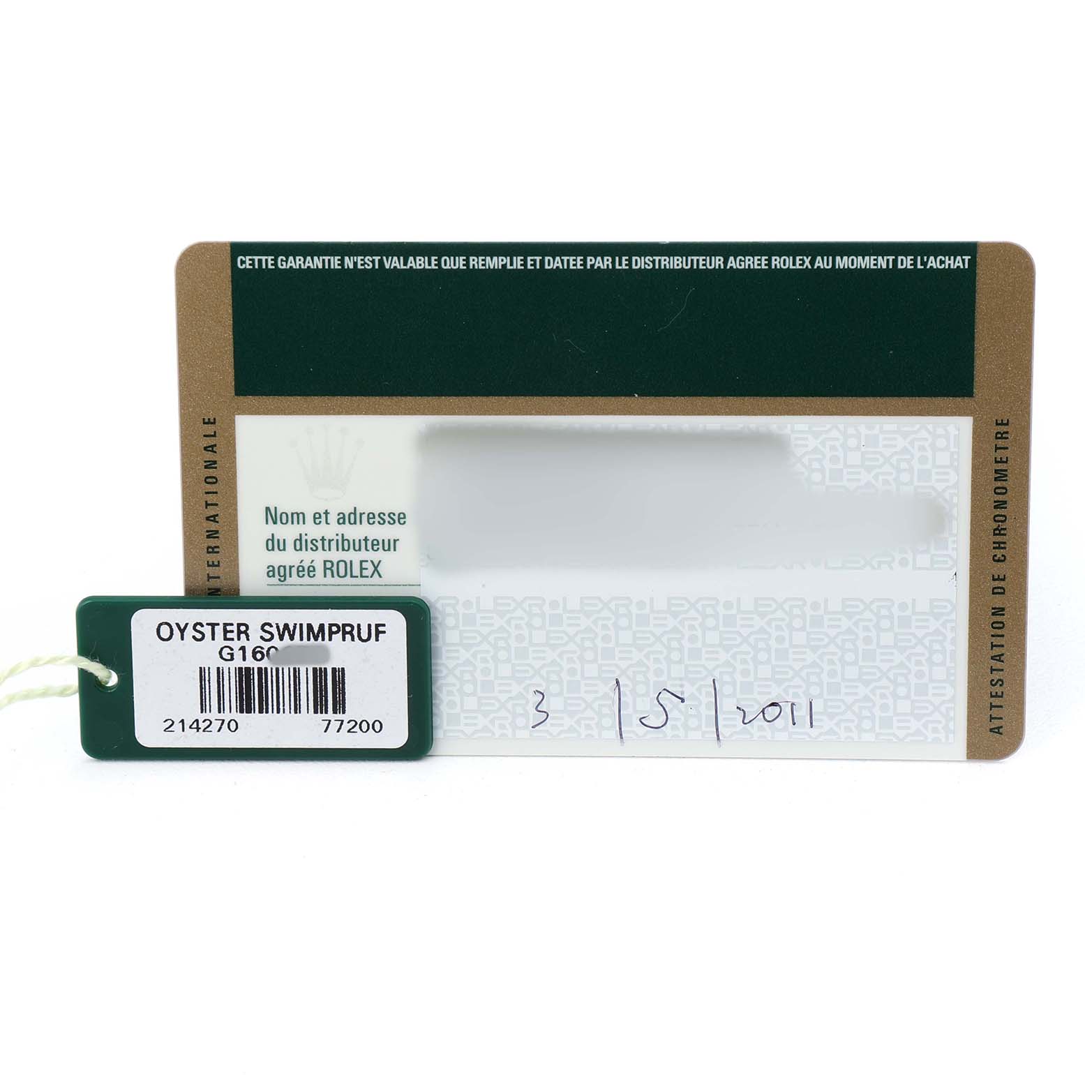 The image shows a warranty card and tag for a Rolex Explorer 214270 Men's Stainless Steel Black Dial, featuring the "Oyster Swimpruf" label.