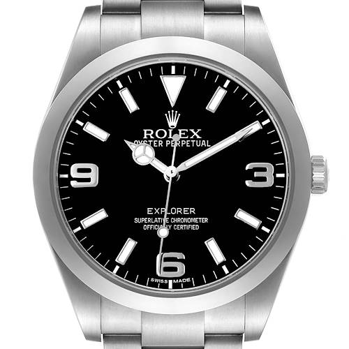 The Rolex Explorer 214270 Men's Stainless Steel Black Dial watch is shown in a front view, highlighting the dial, hands, bezel, and bracelet.