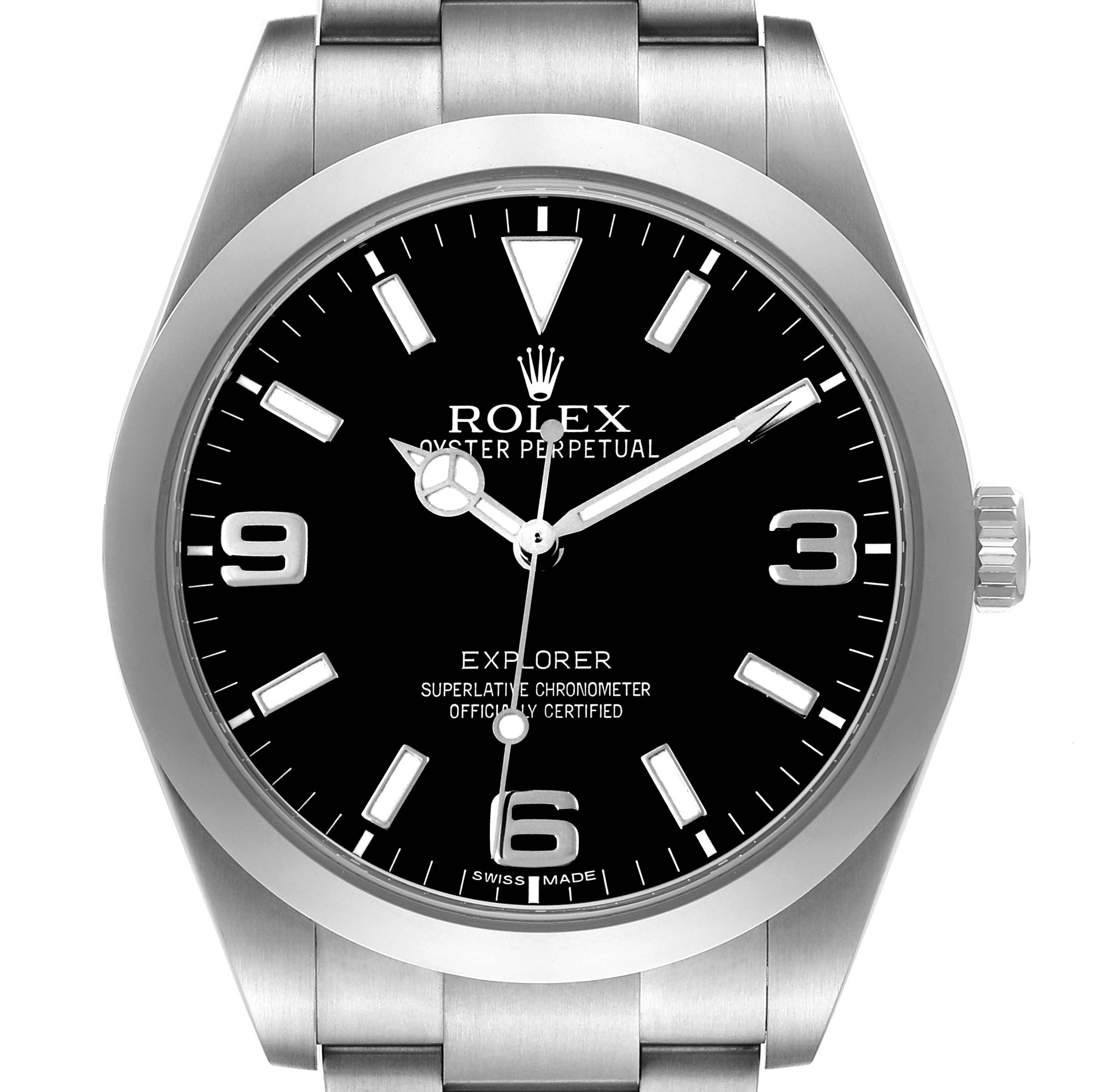 The Rolex Explorer 214270 Men's Stainless Steel Black Dial watch is shown from a front angle, highlighting the dial, hands, bezel, and part of the bracelet.